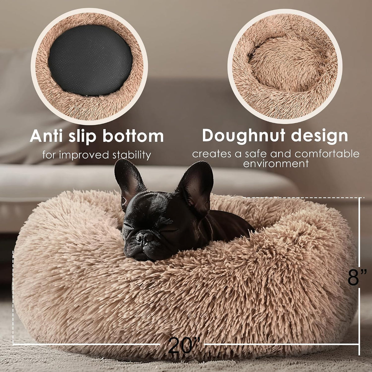 Hoewina Dog & Cat Bed for Indoor Cats, 20in Calming Donut Bed (Camel)