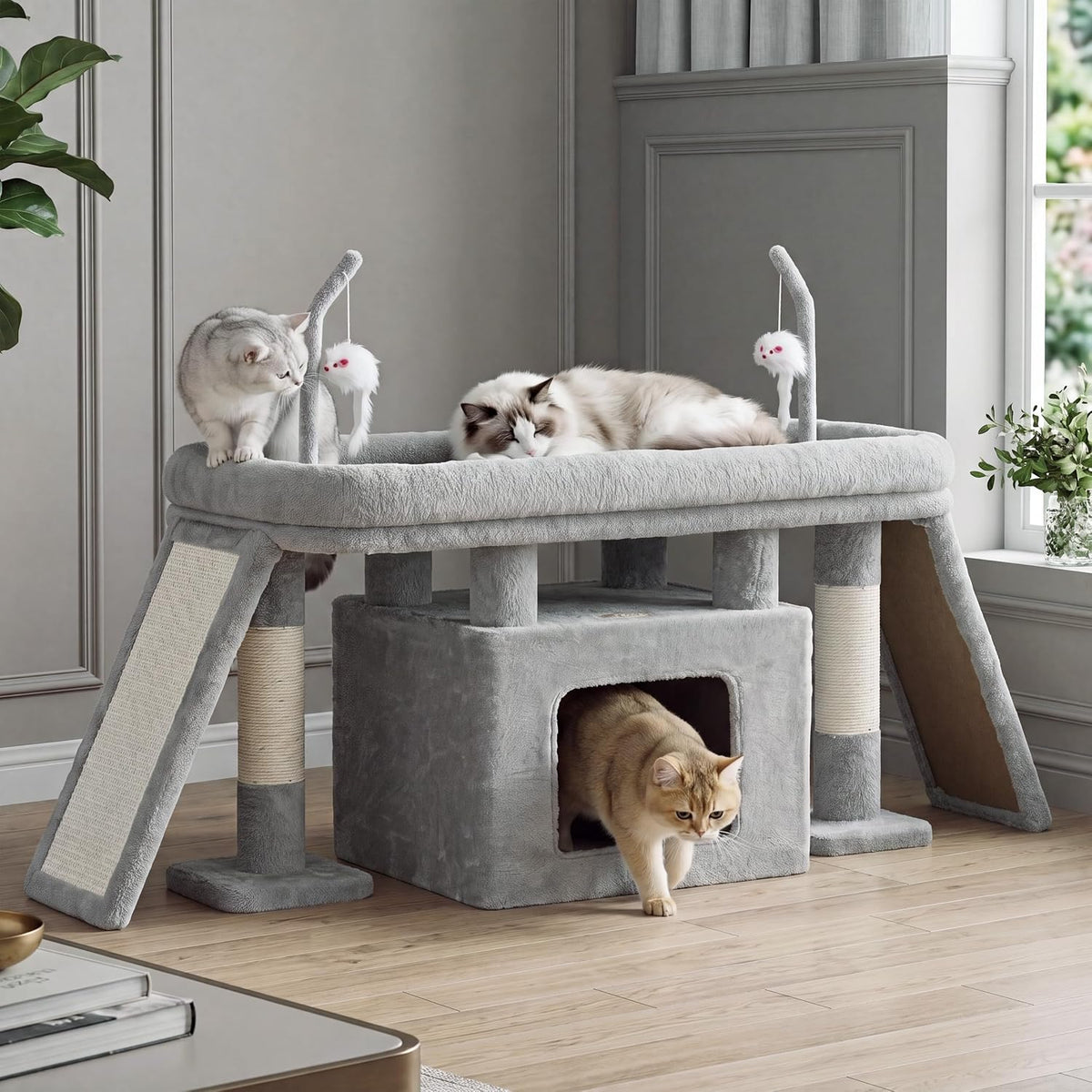 Heybly Cat Tree Extra-Long & Stable 2 Adjustable Scratch Boards HCT210SW-1