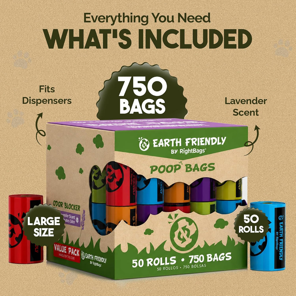Earth Friendly Dog Poop Bags, 750 Count - Extra Thick, Leak-Proof, Lavender Scented Dog Poop Bags with Odor Blocker - Eco-Friendly, Tear-Resistant, 9x13 Inch Bags for Large & Small Dogs - 50 Rolls