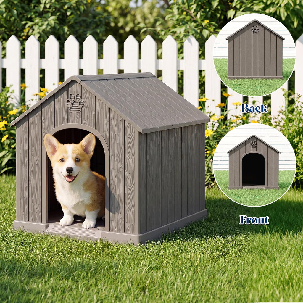 Dog House Outdoor, Plastic Small Dog House-Weatherproof Design with Air Vents & Elevated Floor for Small to Medium Dogs, Easy Clean and Assemble (Standard Grey, 26''L × 23.6''W × 25.8''H)