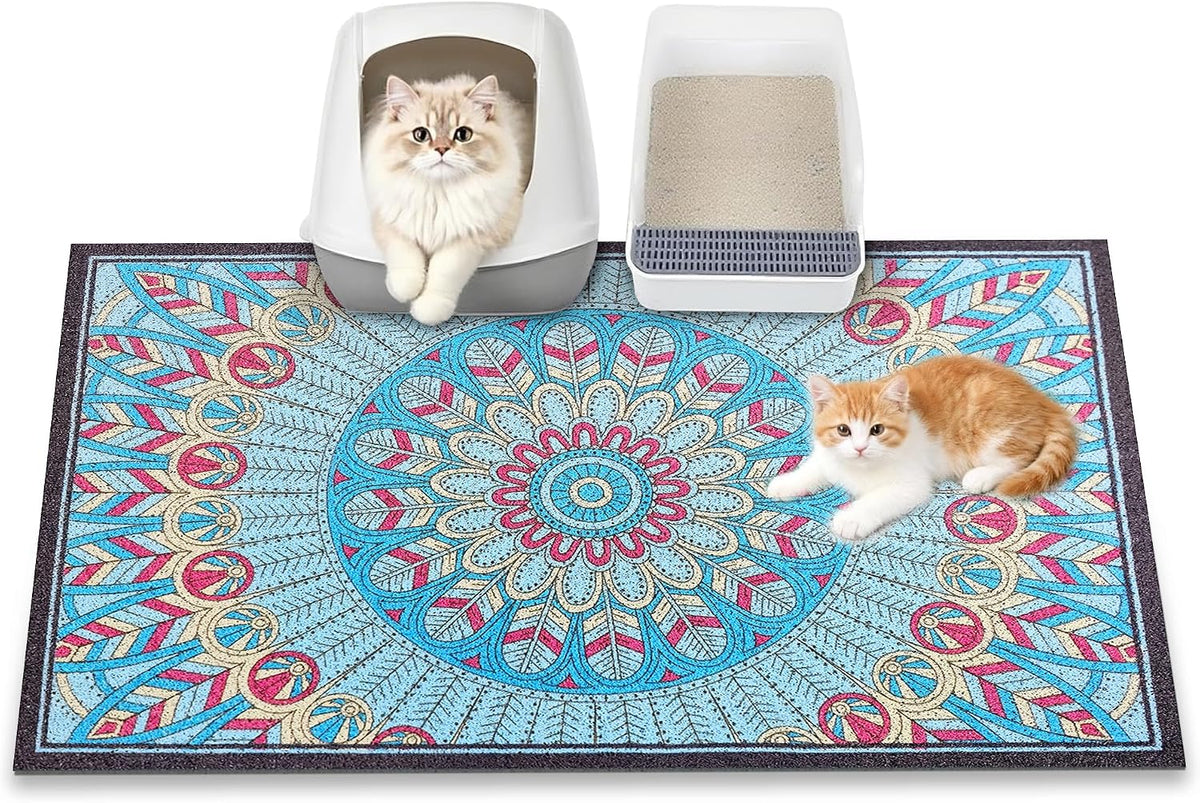 Cat Litter Mat, 35" x 23" Litter Box mat, Traps 100% Litter, Non-Slip Kitty Litter Trapping mats, Large Cute Litter mat, Easy Clean for Scatter Control, Bohe cat Food mat, Urine Waterproof | Traps 100% Litter, Cute litter mat for litter box, Soft on Ki...