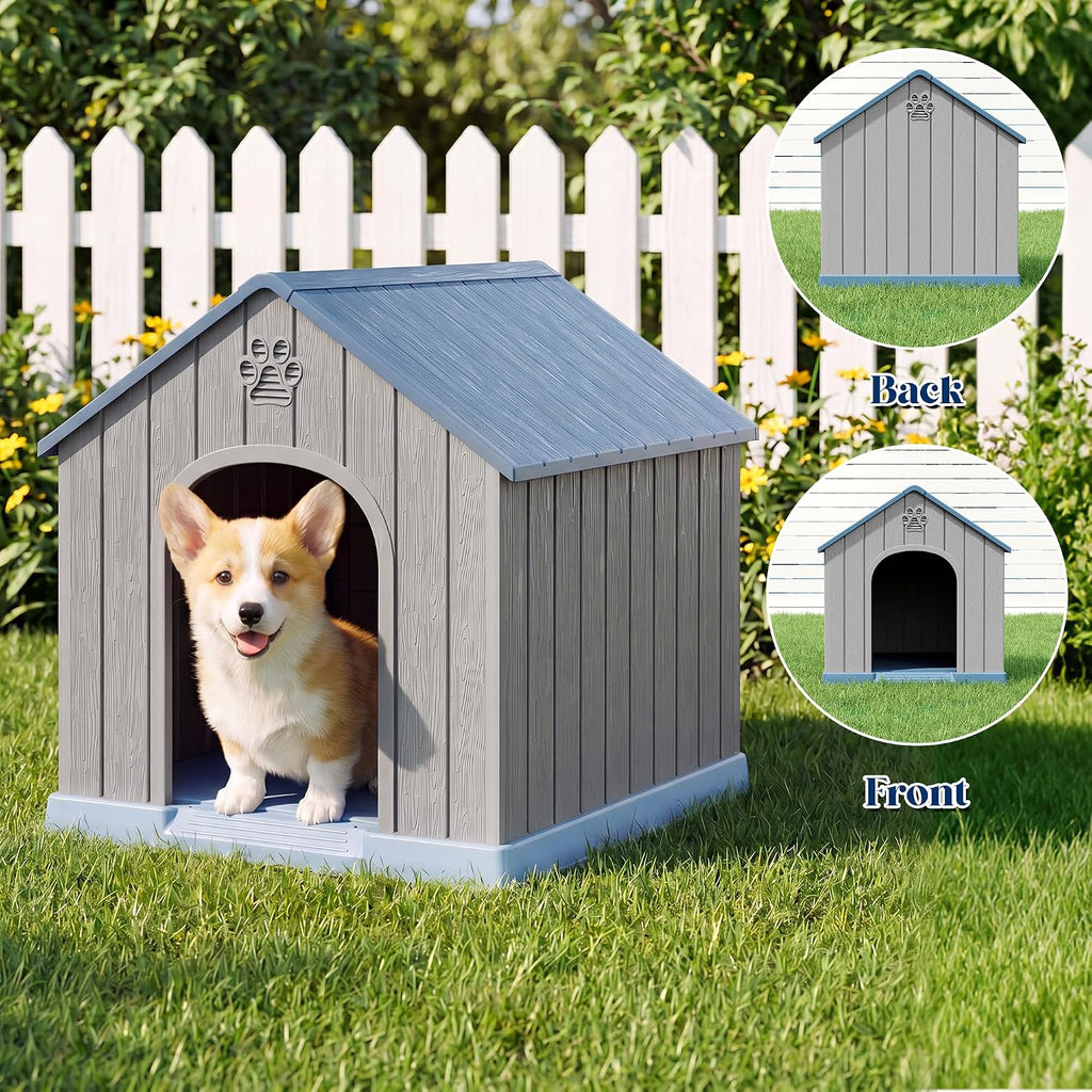Dog House Outdoor, Plastic Small Dog House-Weatherproof Design with Air Vents & Elevated Floor for Small to Medium Dogs, Easy Clean and Assemble (Classic Blue, 26''L × 23.6''W × 25.8''H)