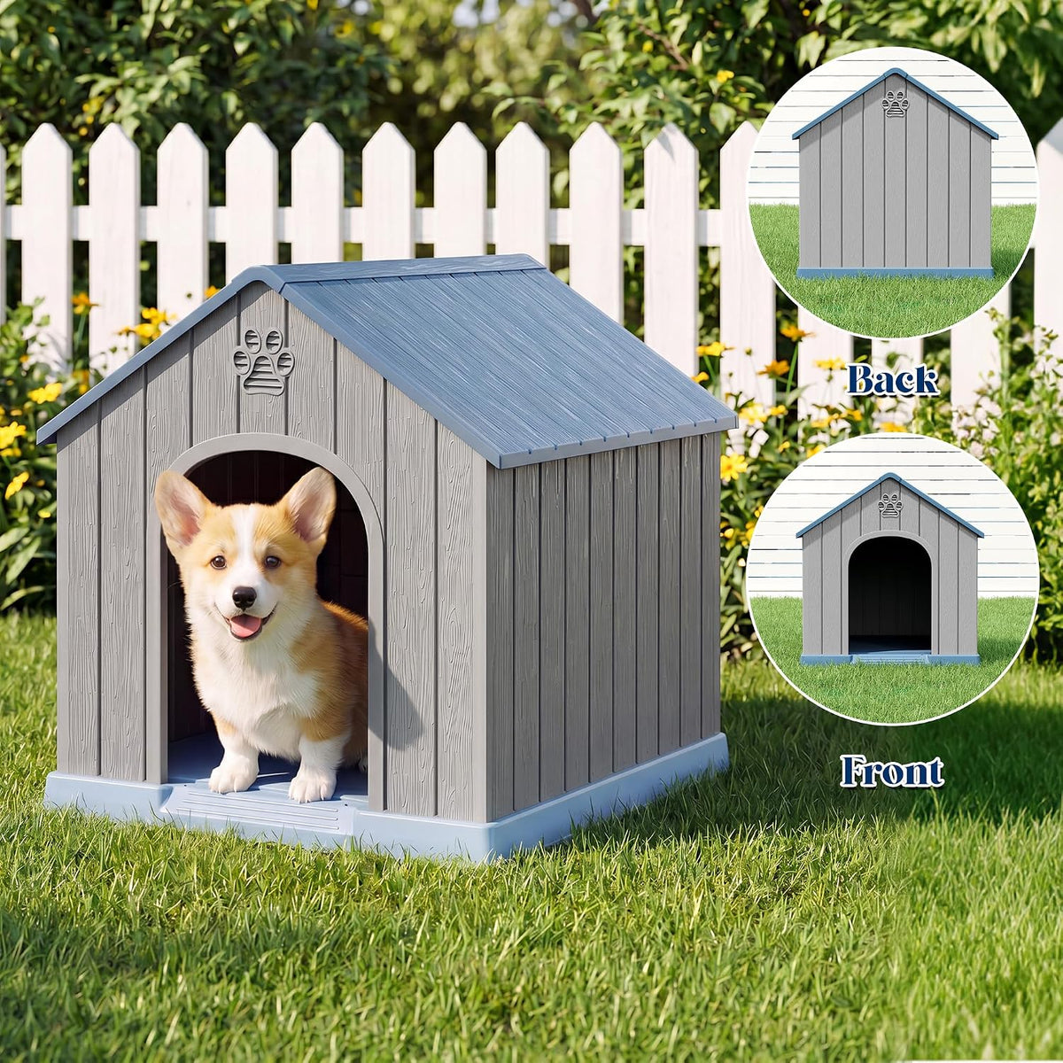 Dog House Outdoor, Plastic Small Dog House-Weatherproof Design with Air Vents & Elevated Floor for Small to Medium Dogs, Easy Clean and Assemble (Classic Blue, 26''L × 23.6''W × 25.8''H)