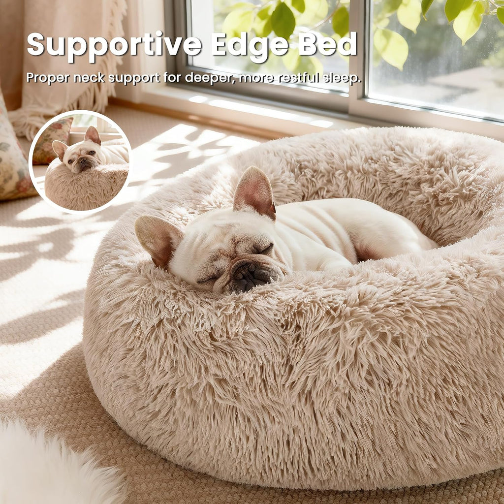 Love's cabin Calming Cat Bed for Indoor Cats, Anti-Anxiety Donut Round Dog Bed,Fluffy Faux Fur Washable Pet Bed for Small Medium Dogs and Cats, Taupe, 24in