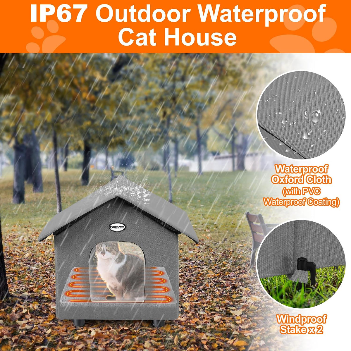 Dreyoo 1 Pack Heated Cat House Weatherproof, Dark Gray