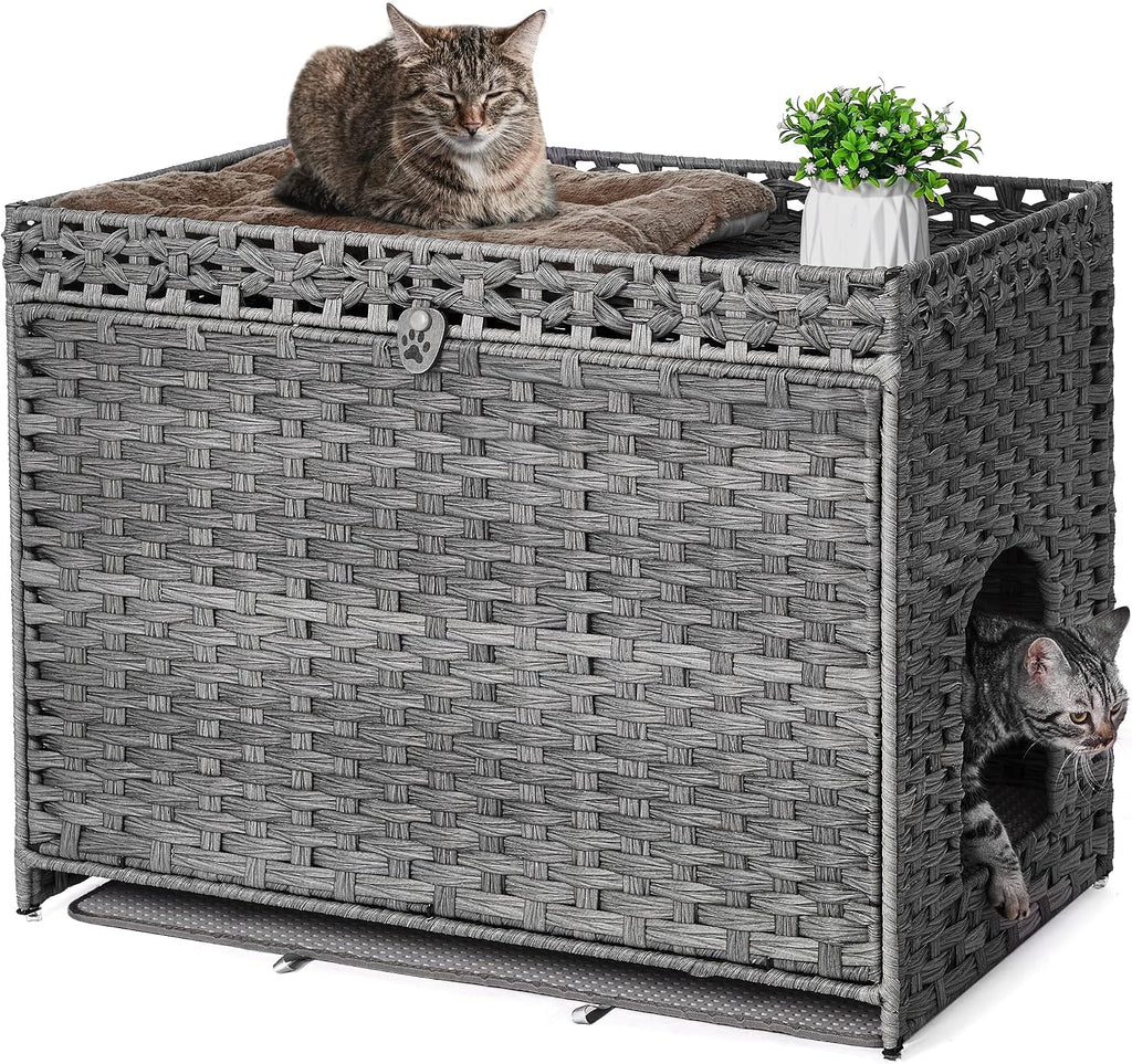 Cat Litter Box Enclosure with Door, Hidden Cat Washroom Furniture | Handwoven PP Wicker; Soft Litter Mat Included; Spacious Interior; Furniture-Style Design; Indoor Home Décor