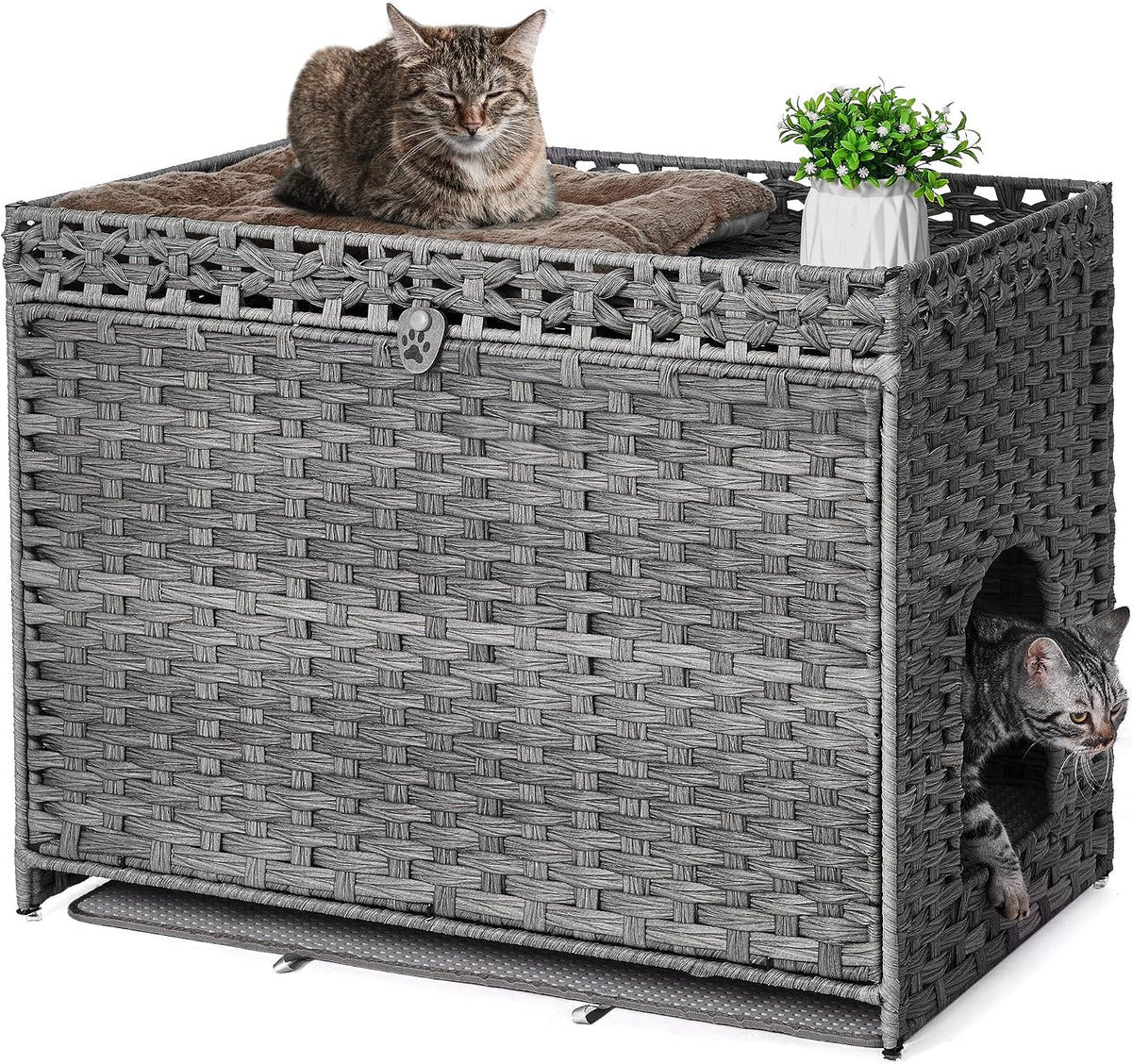 Cat Litter Box Enclosure with Door, Hidden Cat Washroom Furniture | Handwoven PP Wicker; Soft Litter Mat Included; Spacious Interior; Furniture-Style Design; Indoor Home Décor