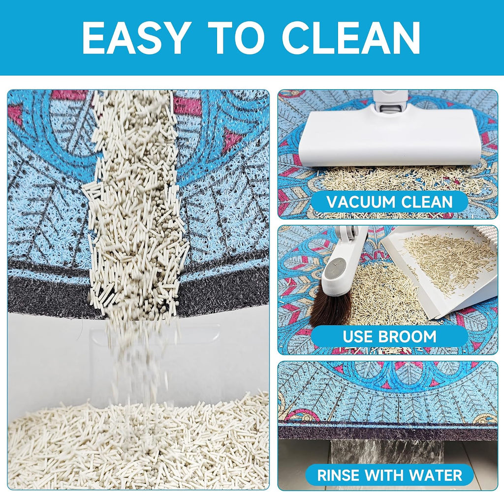 Cat Litter Mat, 35" x 23" Litter Box mat, Traps 100% Litter, Non-Slip Kitty Litter Trapping mats, Large Cute Litter mat, Easy Clean for Scatter Control, Bohe cat Food mat, Urine Waterproof | Traps 100% Litter, Cute litter mat for litter box, Soft on Ki...