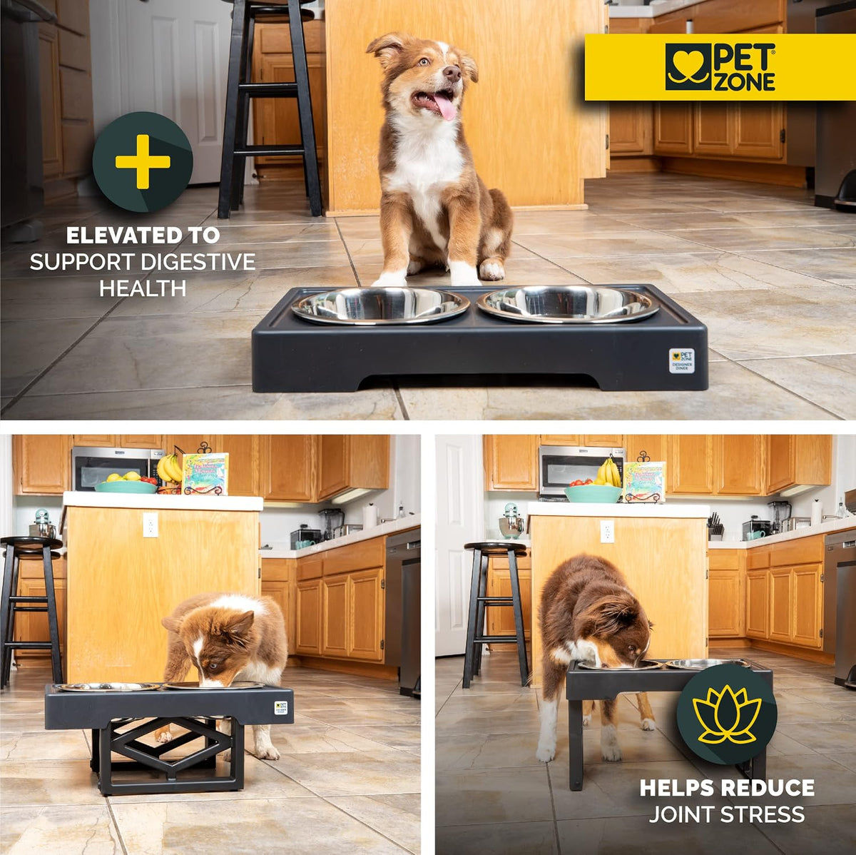 Pet Zone Designer Diner Elevated Dog Bowl Stand, 3 Adjustable Height Levels | 3 Height Adjustable, Includes 2 Stainless Steel Bowls with 7 Cup Capacity Each 