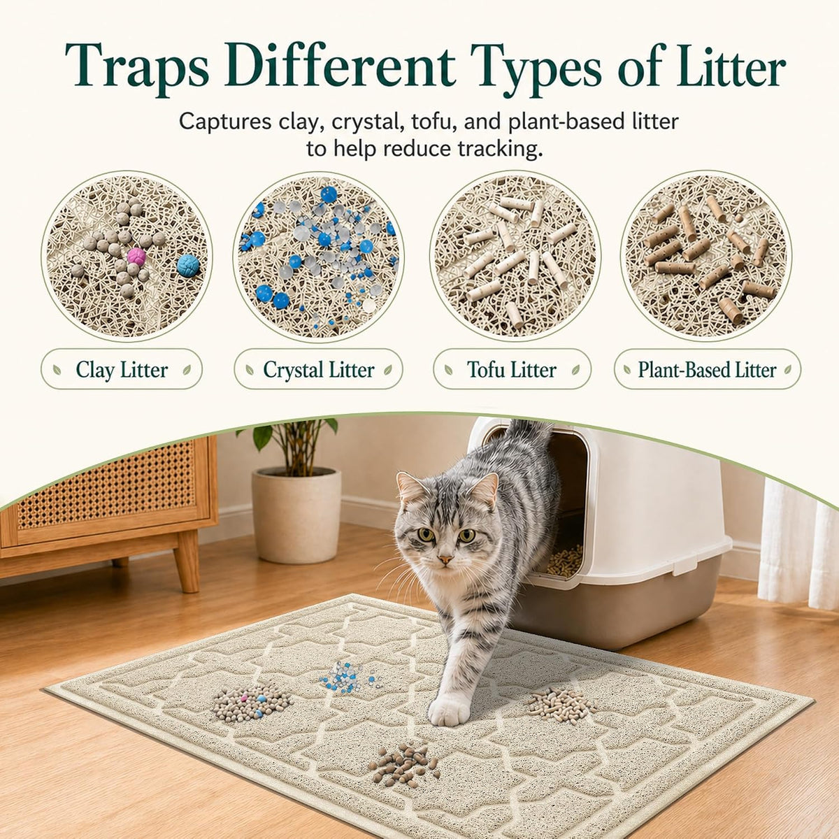 Yimobra Cat Litter Mat, Waterproof Litter Trapping Mat, 47x36, Beige | PVC Litter Box Mat with Non Slip Backing, Easy Clean Surface and Scatter Control Design for Cleaner Floors