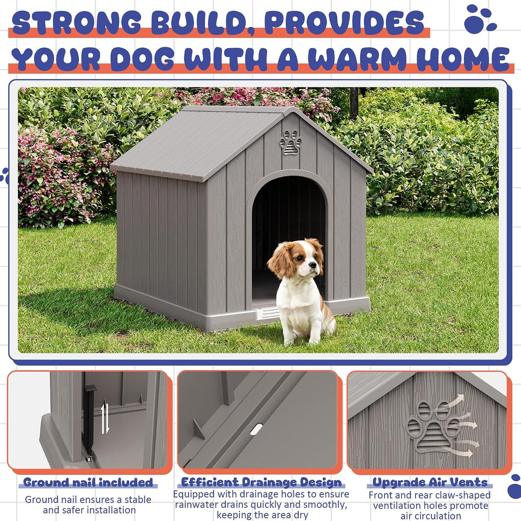 Bifanuo Outdoor Indoor Dog House for Small & Medium Dogs - Weatherproof Shelter with Elevated Floor, Hidden Vents & Tool-Free Assembly (Classic Grey, 26" L x 23.6" W x 25.8" H)