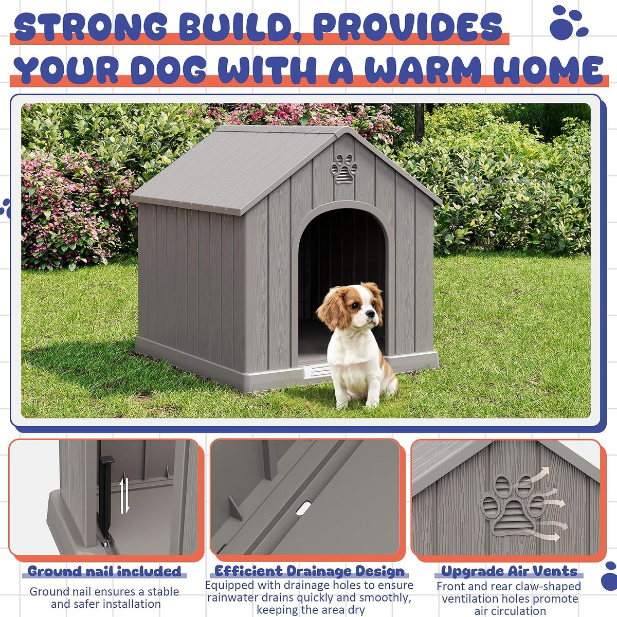 Bifanuo Outdoor Indoor Dog House for Small & Medium Dogs - Weatherproof Shelter with Elevated Floor, Hidden Vents & Tool-Free Assembly (Classic Grey, 26" L x 23.6" W x 25.8" H)