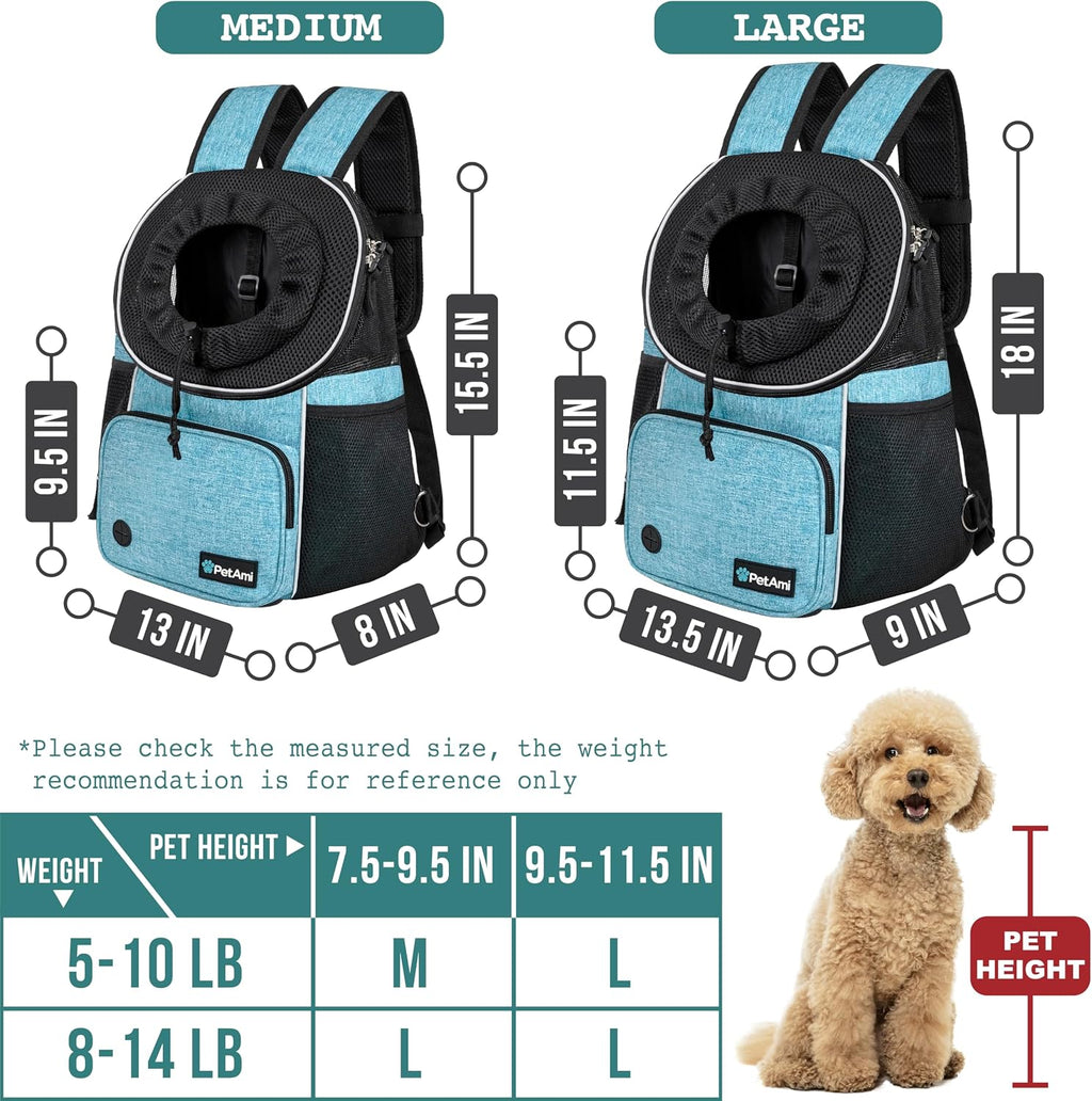 PetAmi Adjustable Cat & Dog Chest Carrier Backpack, Ventilated for Hiking & Camping, Max 15 lbs, Teal Blue