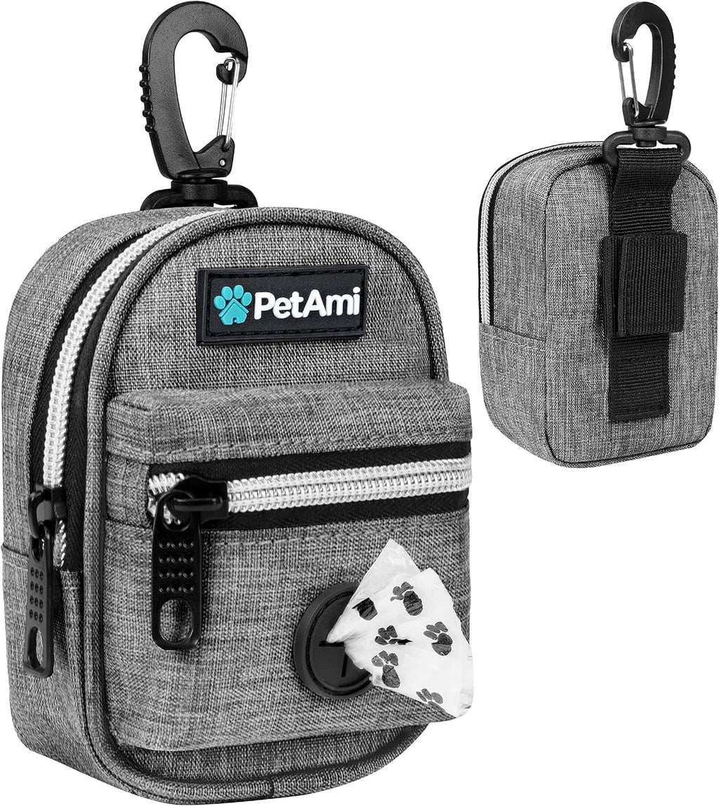PetAmi Dog Poop Bag Holder for Leash, Waste Bag Dispenser Pet Pouch, Grey | Doggy Puppy Walking Accessories Travel Camping, Dog Treat Pouch Supplies Must Have, Doggie Poo, Jogging, Walks