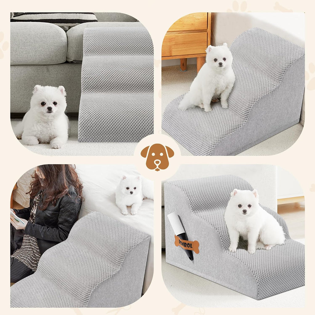 Romrol Dog Stairs Ramp for Beds Couches, Extra Wide Pet Steps with Durable Non-Slip Waterproof Fabric Cover, Dog Slope Stairs for Small Dogs and Cats or Pets Friendly, 3-Tiers, 13 Inch,Light Grey