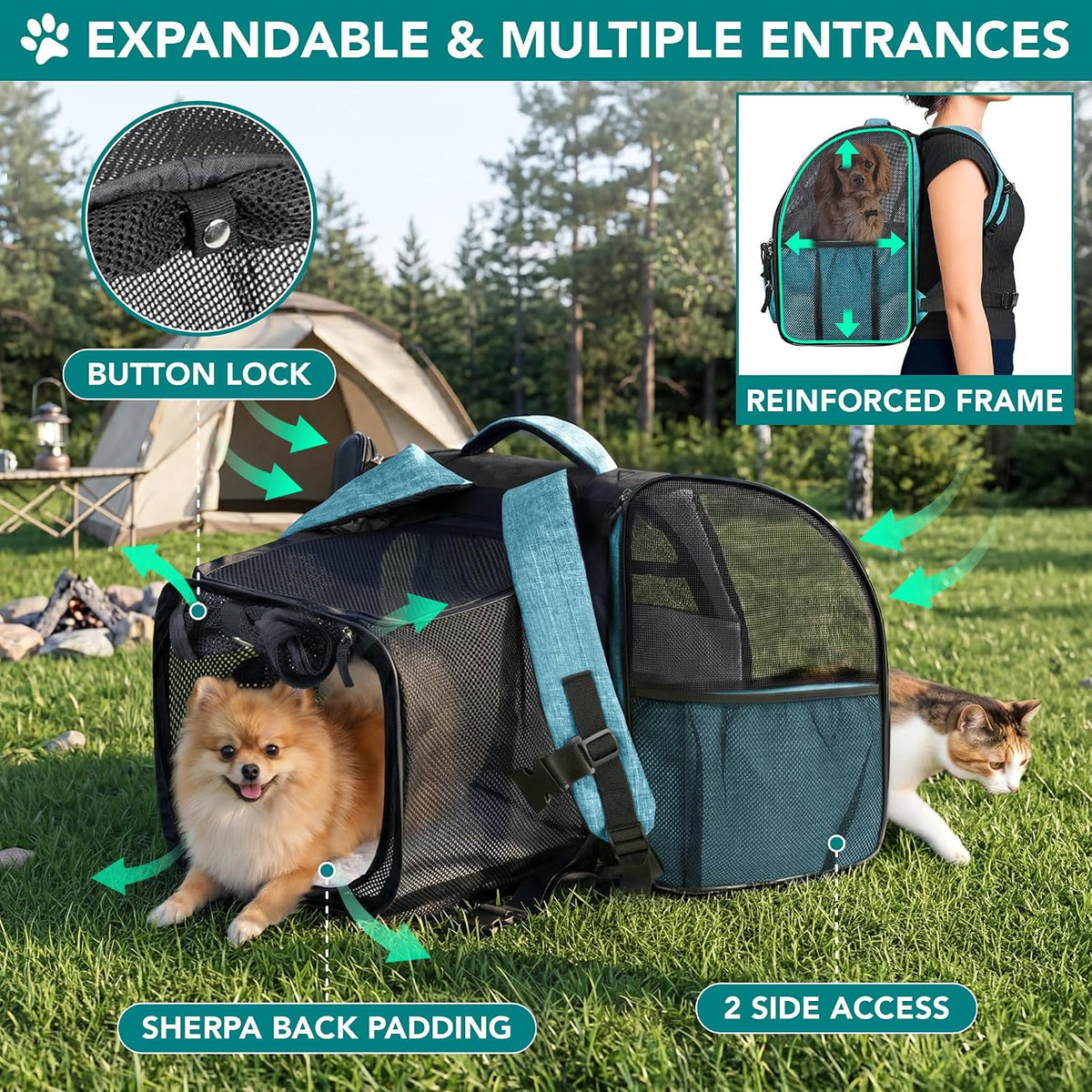 PetAmi Expandable Dog Cat Backpack Carrier, Airline Approved, Teal Blue