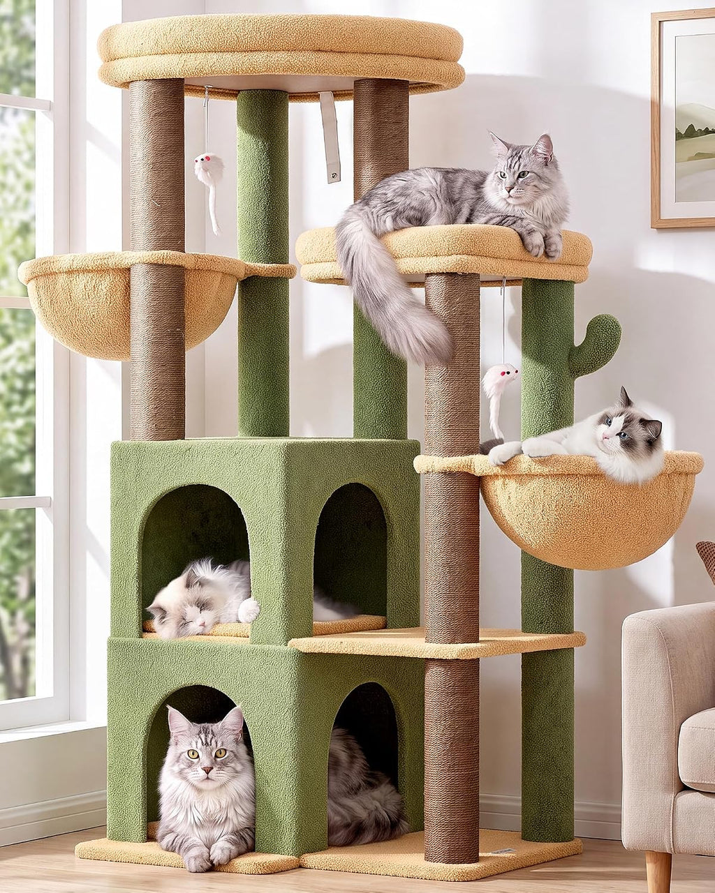 Globlazer Cactus Cat Tree Tower for Indoor Cats Large Adult, S63, Green