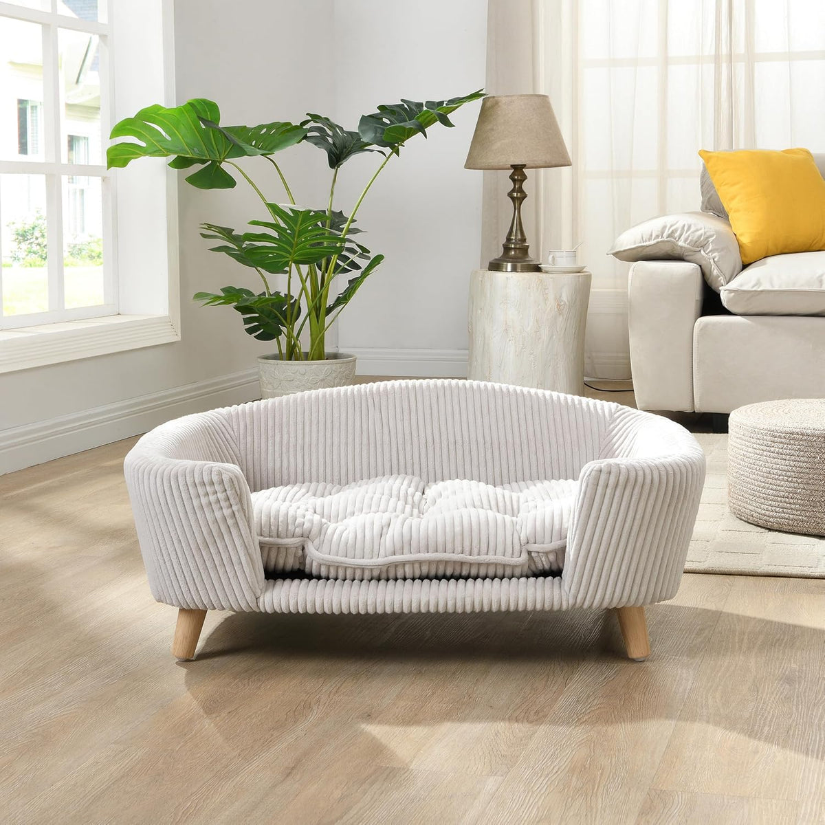 Christopher Knight Home Elroy Orthopedic Dog Bed, Elevated Dog Sofa Bed for Small Dog, Supportive Foam Pet Couch Bed with Wooden Legs, Modern Pet Sofa Bed, Light Beige