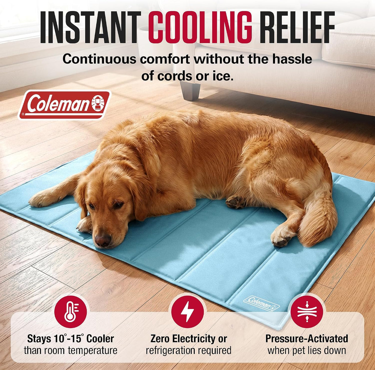 Coleman Self Cooling Pet Mat 24 x 30 Inches, Cooling Pad for Dogs & Cats, Pressure Activated Gel Mat, No Refrigeration Needed, Dog Cooling Bed for Crate, Kennel, Floor & Travel (Blue, 24x30)