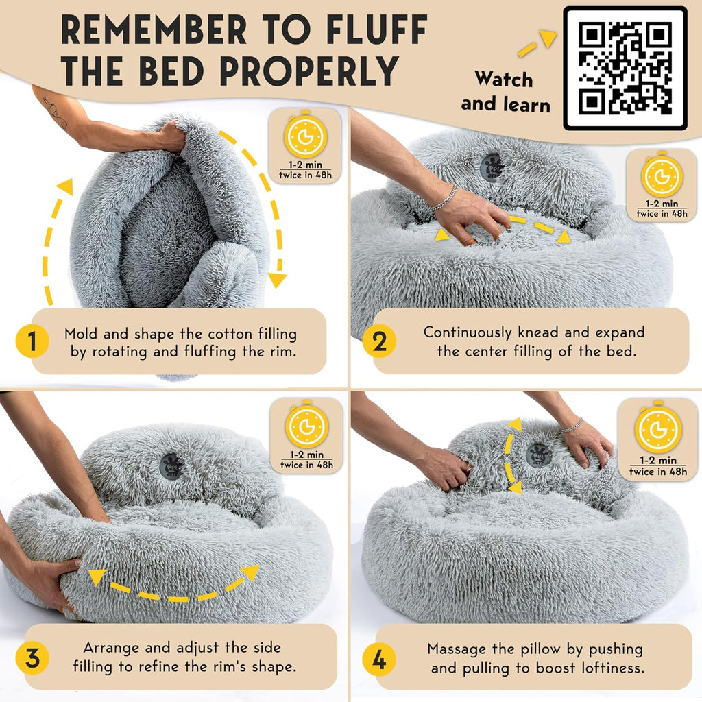 PetJett Dog Beds Large Sized Dog - 36'' Calming Round Bed, Washable Dog Bed - Anti-Slip Super Soft Donut Bed, Fluffy Faux Fur Anti-Anxiety Premium Comfort Pet Bed, Fits Dogs up to 80 lbs - Bright Grey