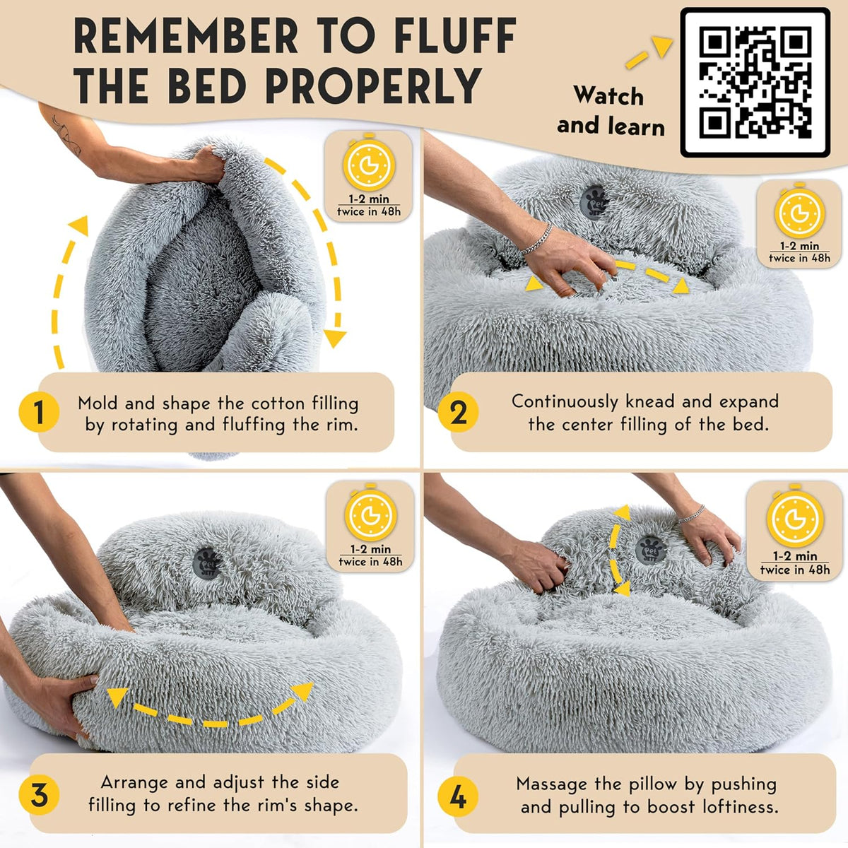 PetJett Dog Beds Large Sized Dog - 36'' Calming Round Bed, Washable Dog Bed - Anti-Slip Super Soft Donut Bed, Fluffy Faux Fur Anti-Anxiety Premium Comfort Pet Bed, Fits Dogs up to 80 lbs - Bright Grey