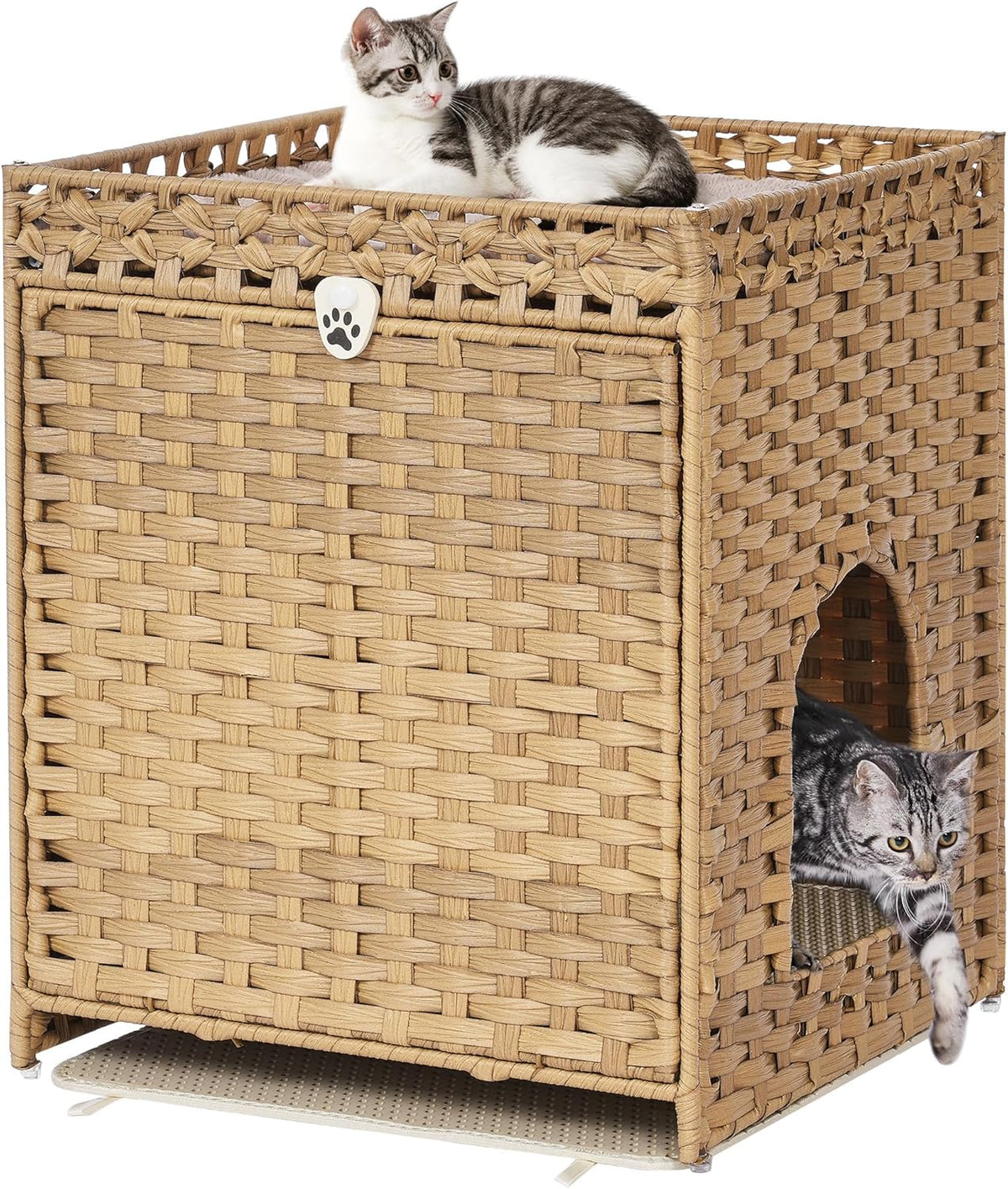 Cat Litter Box Enclosure with Door, Hidden Cat Washroom Furniture | Handwoven PP Wicker; Soft Litter Mat Included; Spacious Interior; Furniture-Style Design; Indoor Home Décor