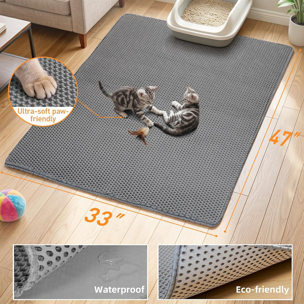 Cat Litter Mat 47"x33" Urine-Proof XL Litter Mat for Litter Box Mat | Large Double Layer Honeycomb Cat Mat, Soft kitty Cat Litter Trapping Mat, Easy Clean Rinse with Water Litter Trapping Grey