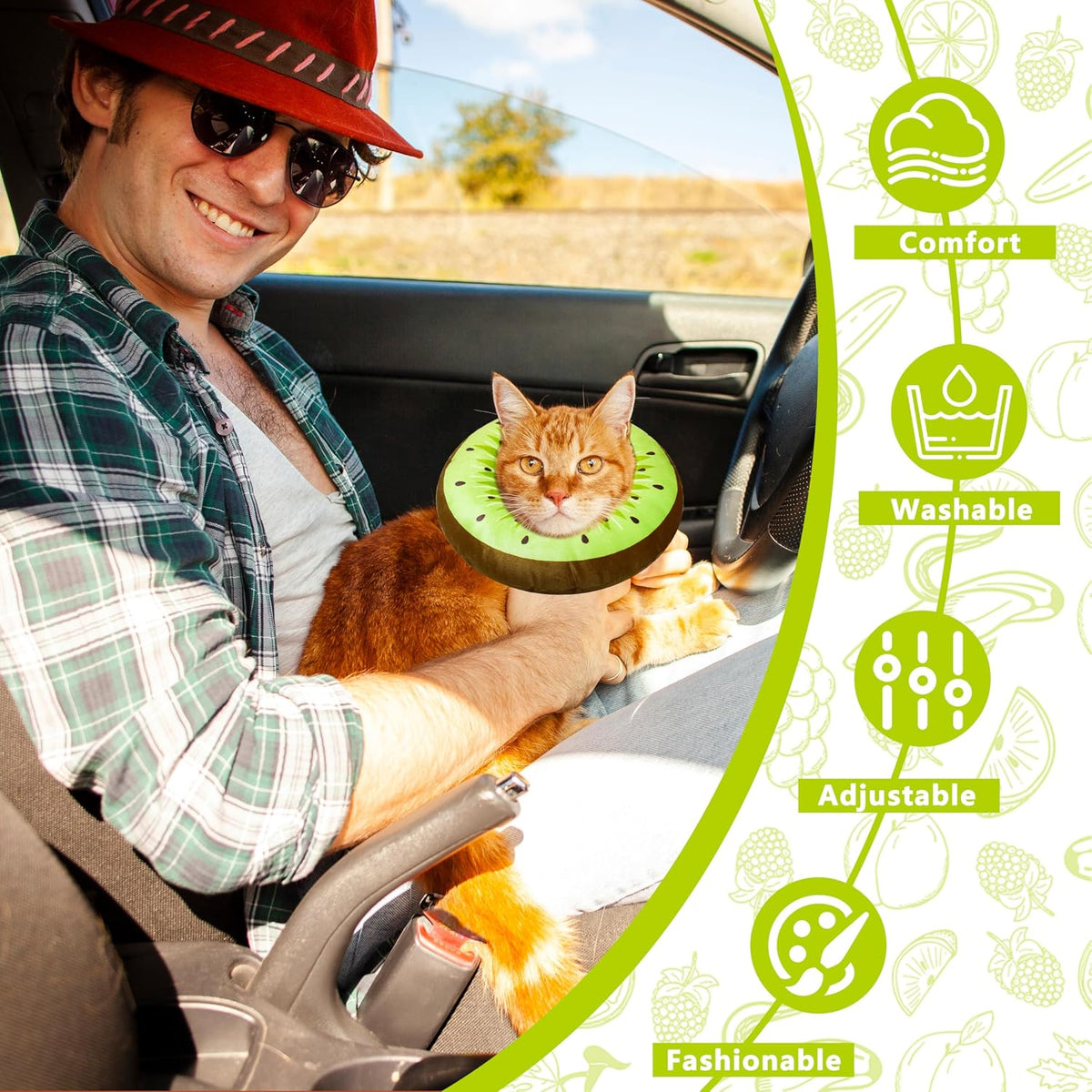 Cat Cone Collar Soft, Adjustable Cat Recovery Cone (Kiwifruit, S)