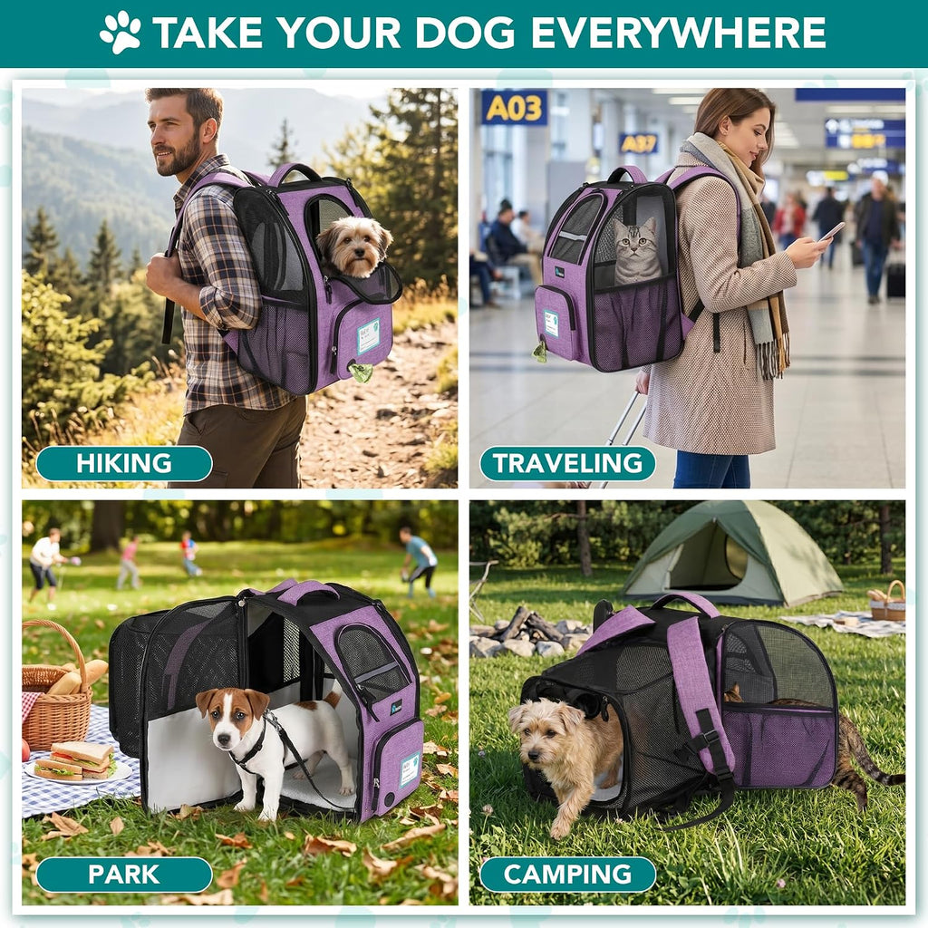 PetAmi Expandable Dog Cat Backpack Carrier, Airline Approved, Purple