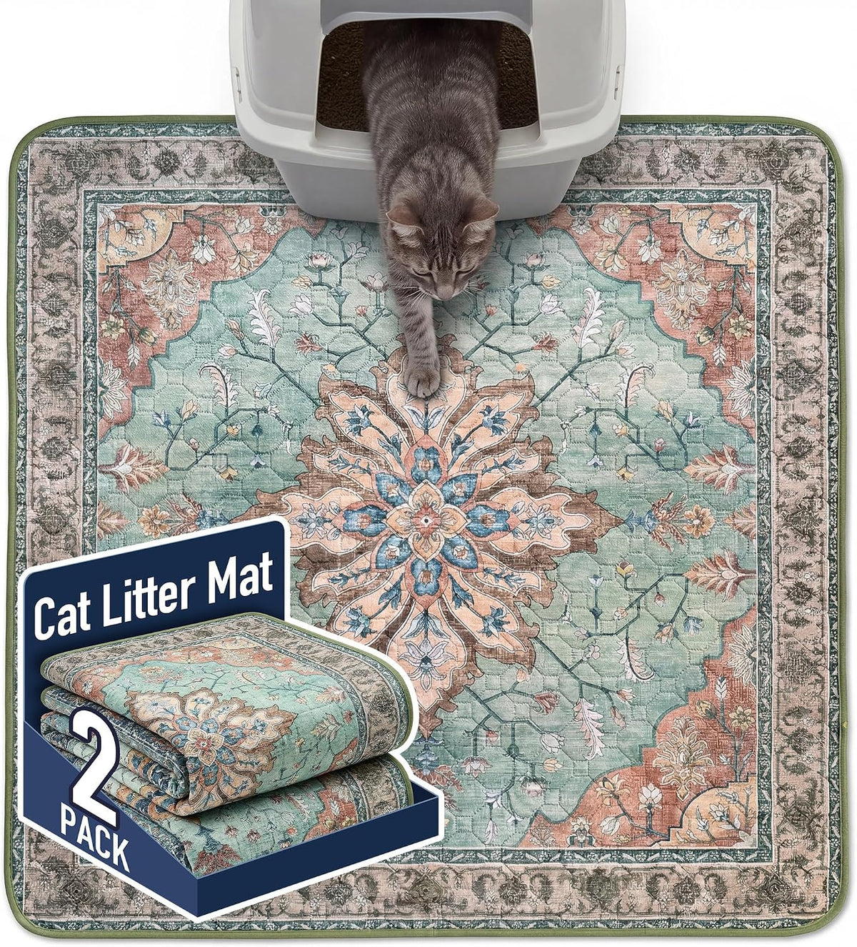 Hompet Cat Litter Mat 2 Pack, 36x36 Large Machine Washable Trapping Mats for Cats, Super Absorbent & Urine-Proof Cat Litter Box Mat for Floor, Waterproof & Non Slip Kitty Litter Rug