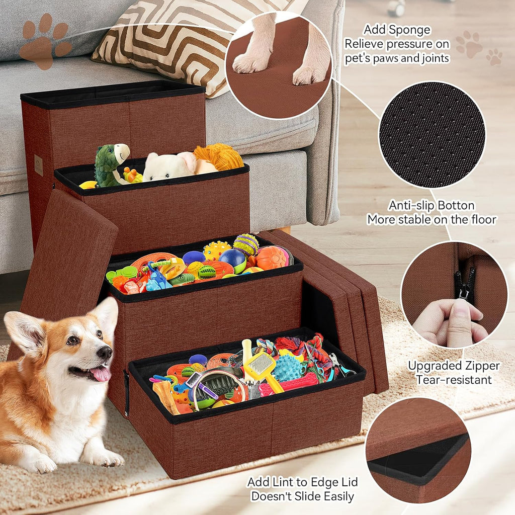Zerbuger Dog Stairs with Storage, Brown 4 Steps Dog Ramp with Condo for Bed