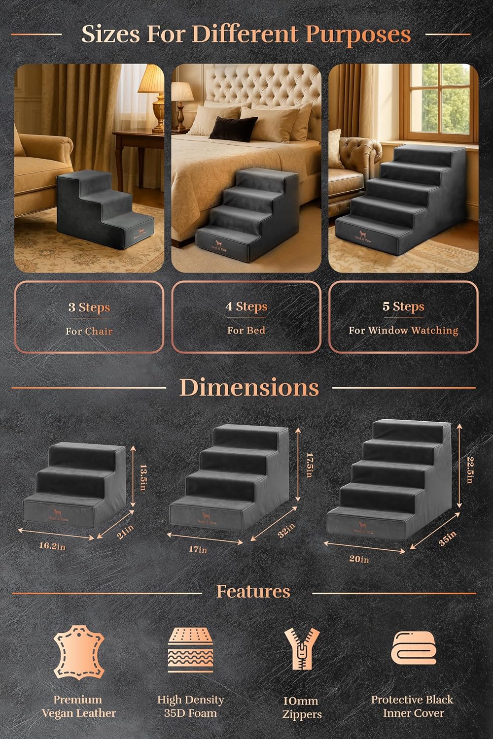 Noah & Paw Dog Steps for Bed, Up to 150lb, Extra Wide Dog Stairs for Bed