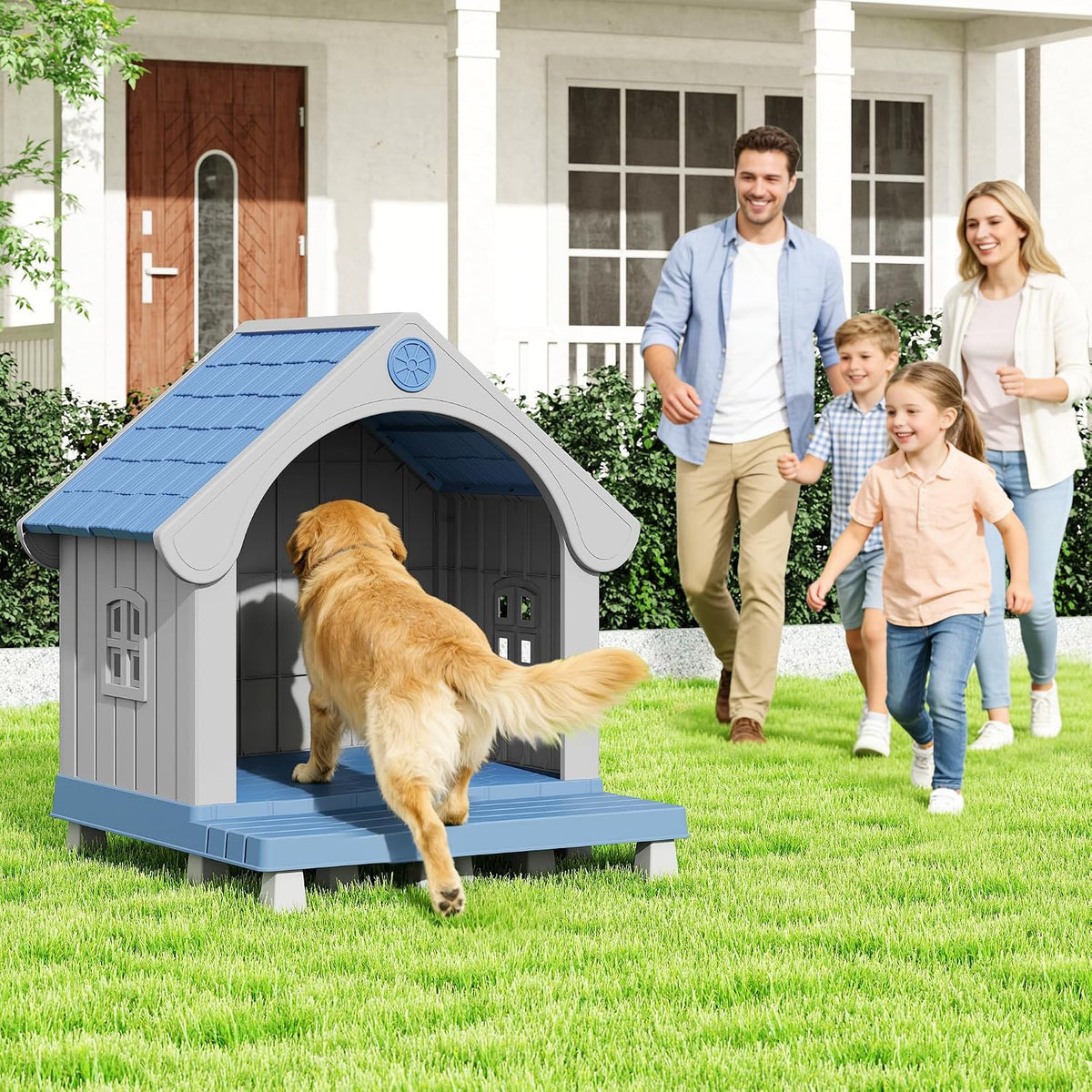 Bifanuo Dog House Outdoor Weatherproof with Porch for Small Medium Dogs, Durable Plastic Pet House with Sloping roof and Elevated Floor, Easy Cleaning and Assemble (Blue, 32.95"D x 31.5"W x 37.88"H)