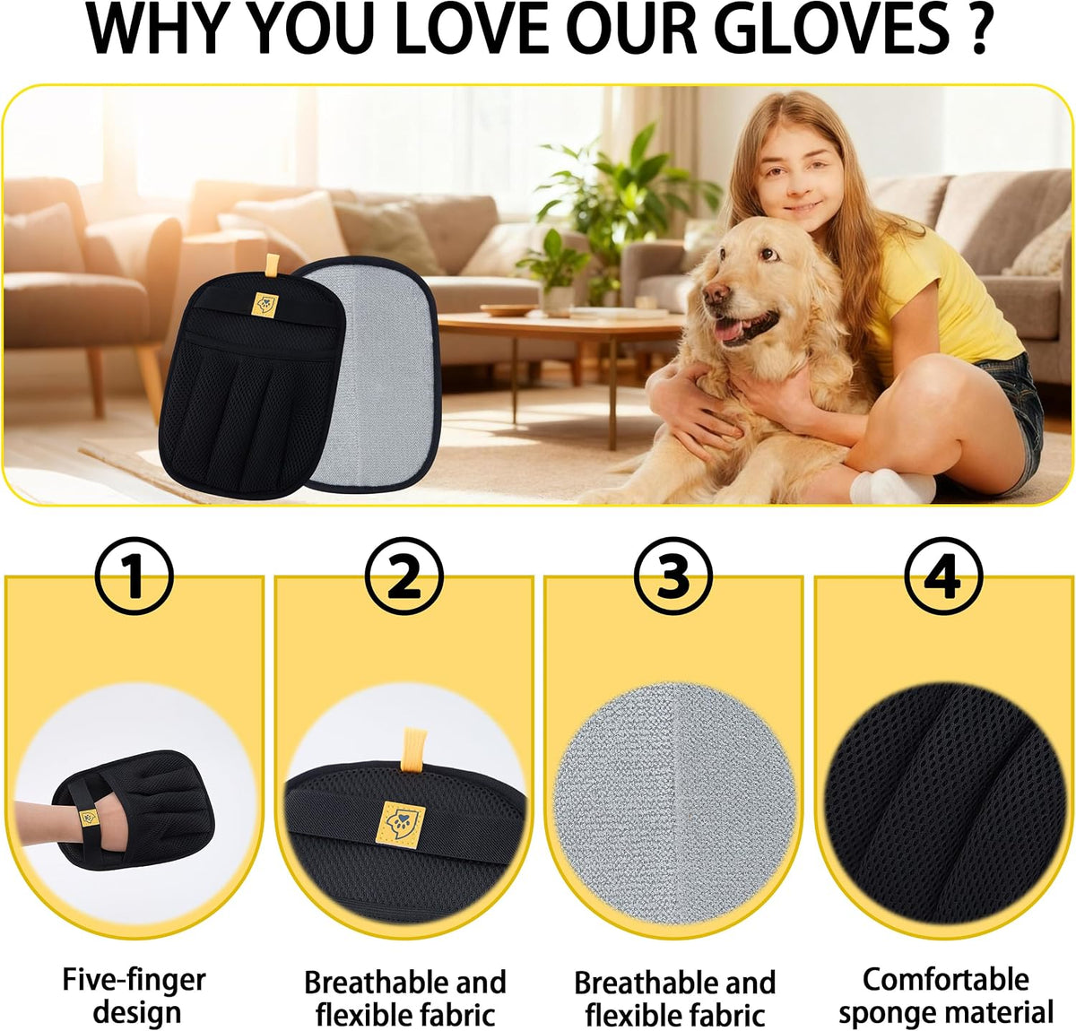 Pet Hair Remover Glove for Dogs & Cats – Cat Hair Remover & Dog Hair Removal Tool, Reusable Electrostatic Grooming Glove for Furniture, Couch, Carpet, Car Seat & Clothes – Easy Pet Hair Cleaning Mitt