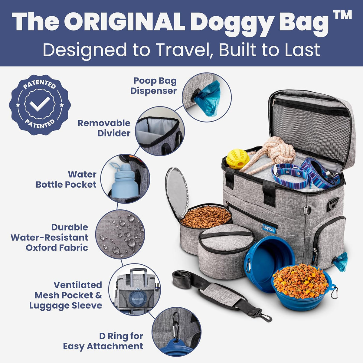 Original Doggy Bag™ Dog Travel Bag for Supplies with Travel Bowls | 2 BPA-Free Collapsible Bowls, 2 Pet Food Containers, TSA-Ready, Road Trips, Camping, Weekend Getaways, Doggy Gift, Grey 