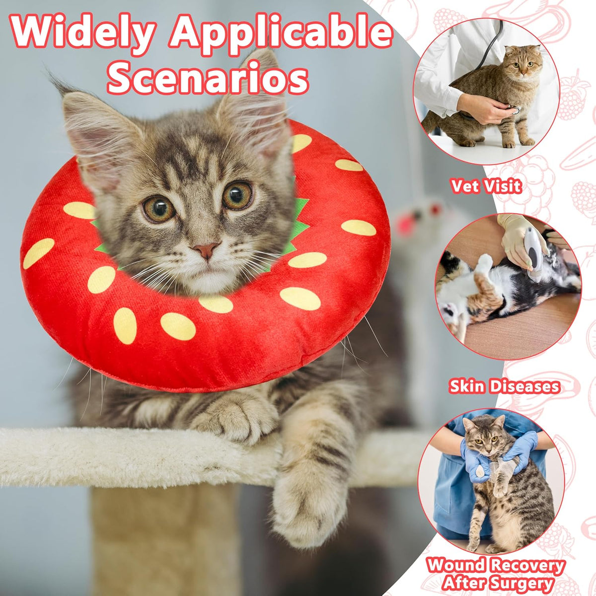 Cat Cone Collar Soft, Cat Recovery Cone (Strawberry, M)