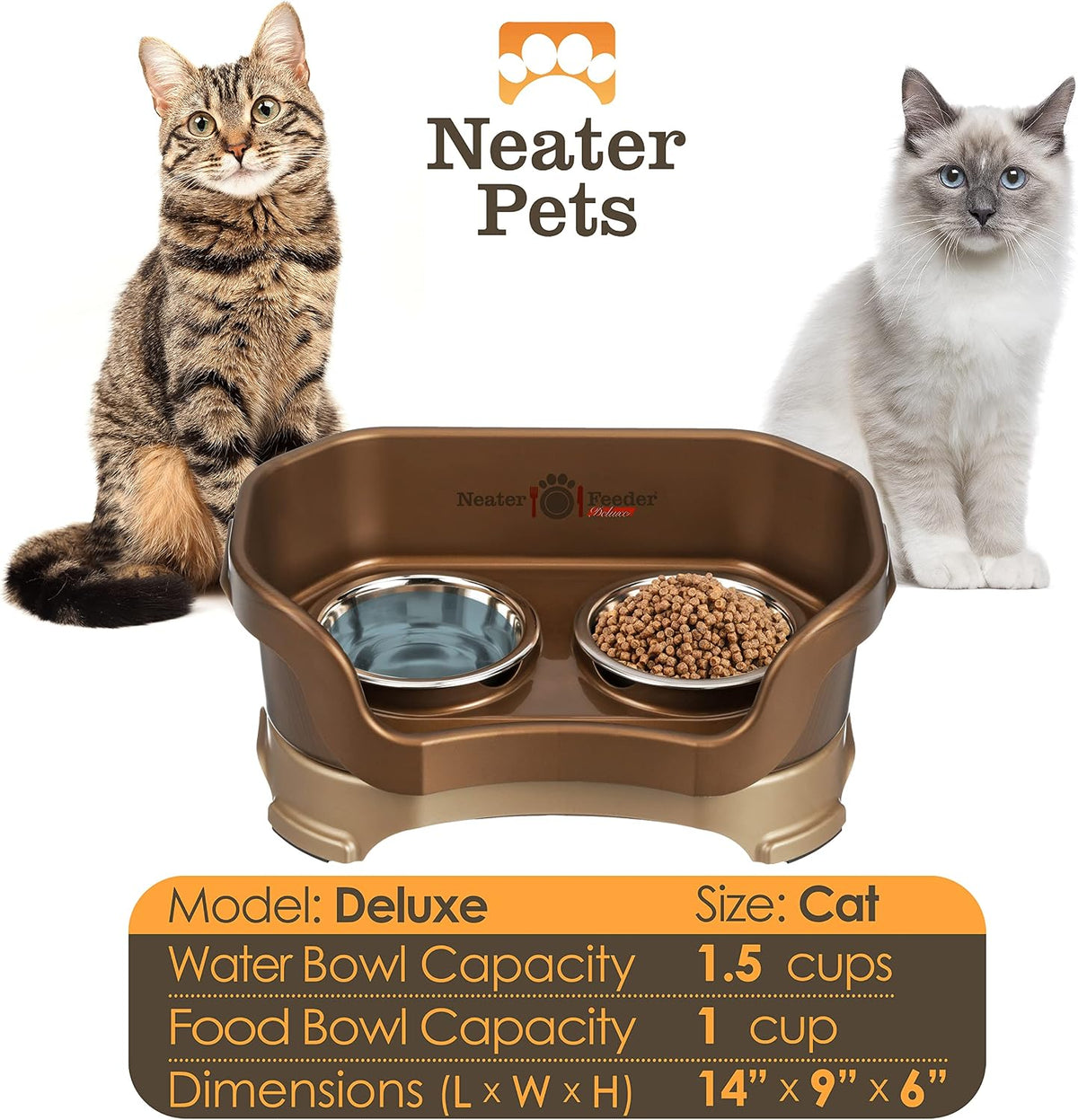 Neater Pet Brands Neater Feeder Deluxe Mess Proof Cat Bowls Elevated, Made in USA, No Spill Raised Bowls for Indoor Cats, Stainless Steel Food and Water Bowl Set, Pet Dish Feeding Station, Bronze 