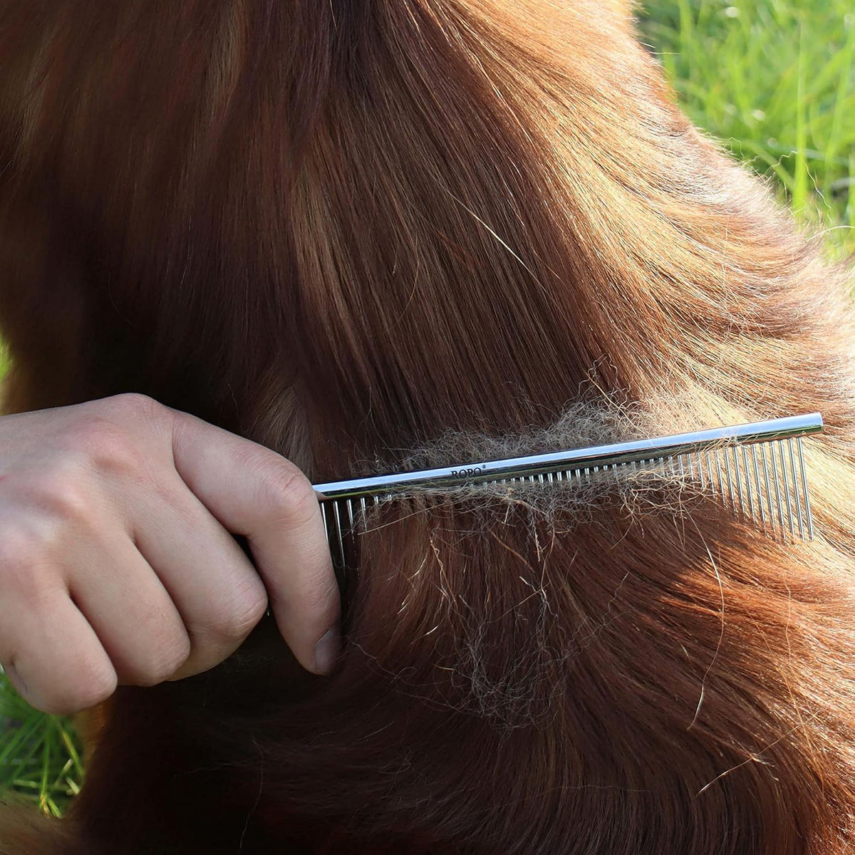 ROPO Dog Comb for Removing Matted Fur - Pet Dematting Comb with Rounded Teeth and Non-Slip Grip Handle - Prevents Knots and Mats for Long and Short Haired Pets (Round handle, Bright Silver)