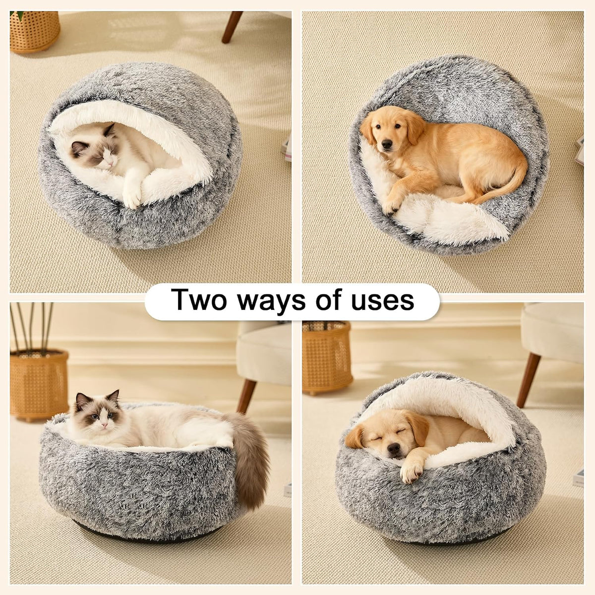 Calming Dog Beds & Cat Cave Bed with Hooded Cover,Removable Washable Round Beds for Small Medium Pets,Anti-Slip Faux Fur Fluffy Coved Bed for Improved Sleep,Fits up to 15/25 lbs(Grey,M)