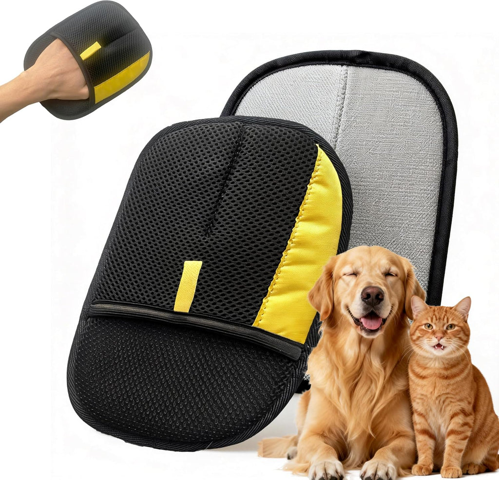 Electrostatic Pet Hair Removal Glove for Cats & Dogs, Reusable Magic Brush for Furniture & Clothes, Cat & Dog Fur Remover Tool (Black-Yellow Medium 1-Pack)