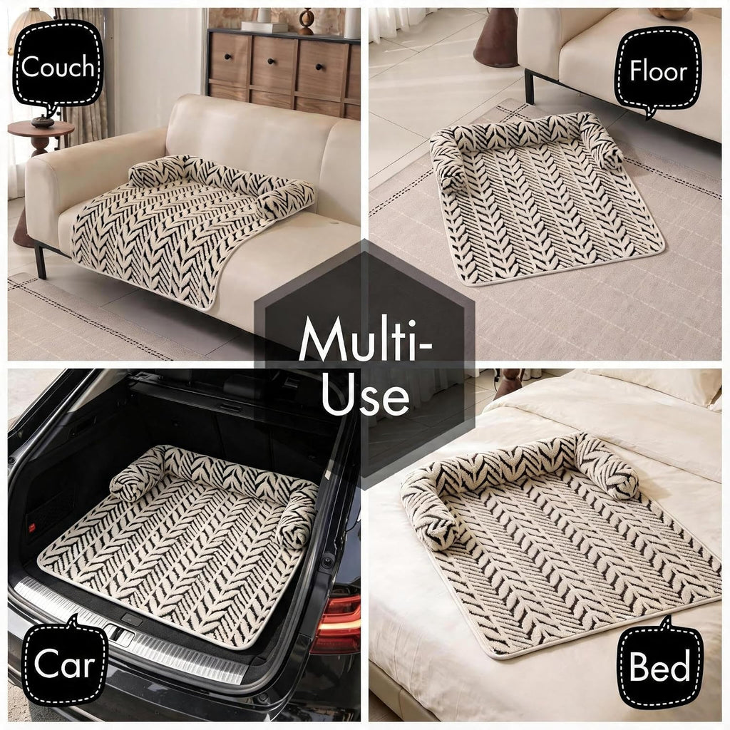 Calming Dog Couch Bed Mats with Neck and Head Support, Fluffy Plush Pet Sofa Cover for Small Medium Dogs and Cats, Non-Slip Bottom, Machine Washable