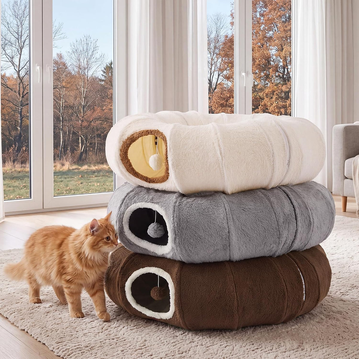 ZOMISIA Cat Tunnel Bed for Indoor Cats, Donut Peekaboo Play Tunnel, Brown