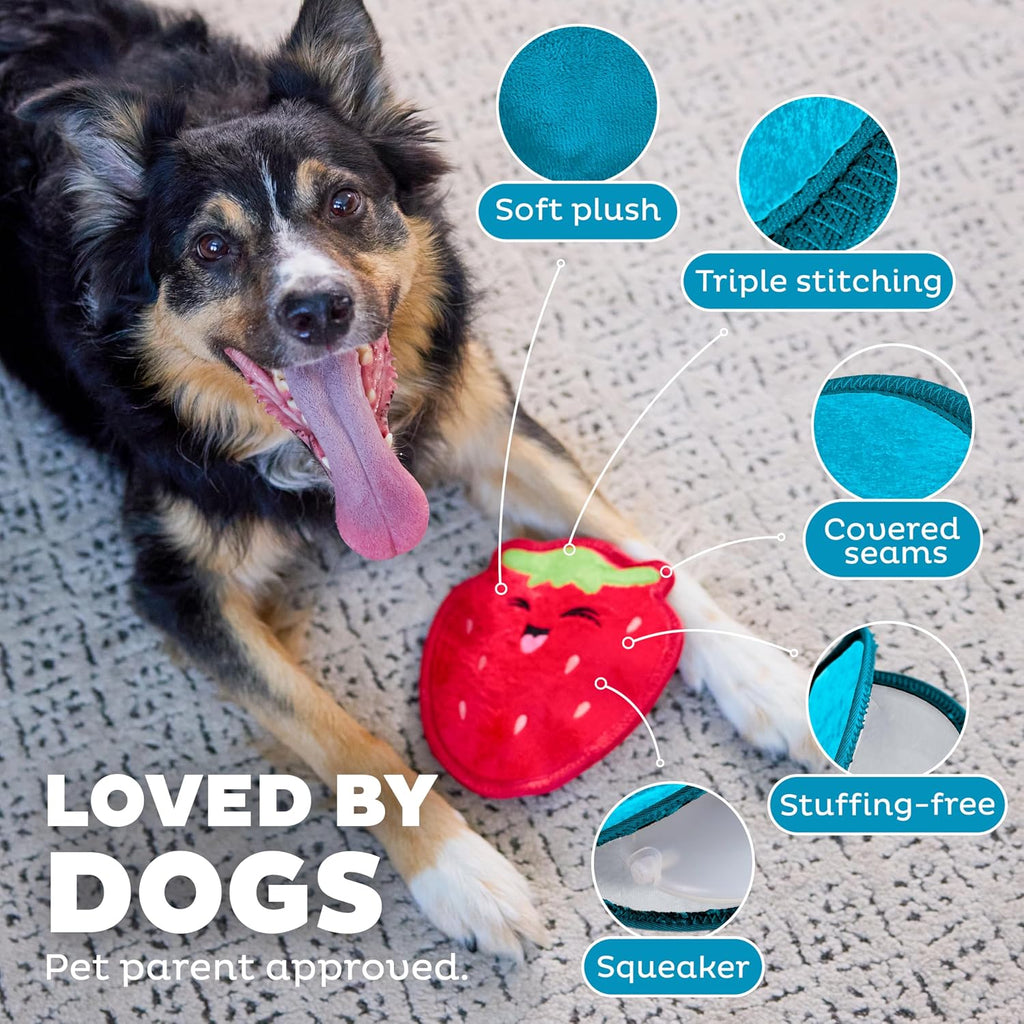 Outward Hound Tough Skinz Durable Chew Squeaky Dog Toy, Strawberry, 7.9" | 4 Tough Layers, Triple Stitched Seams, No Stuffing, Less Mess, Jumbo Squeaker, Fetch & Toss, Tough Chewers, Dogs & Puppies