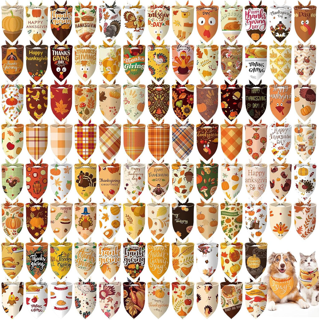 Huhumy 100 Pcs Thanksgiving Dog Bandanas Bulk Turkey Pumpkin Dog Bandanas
