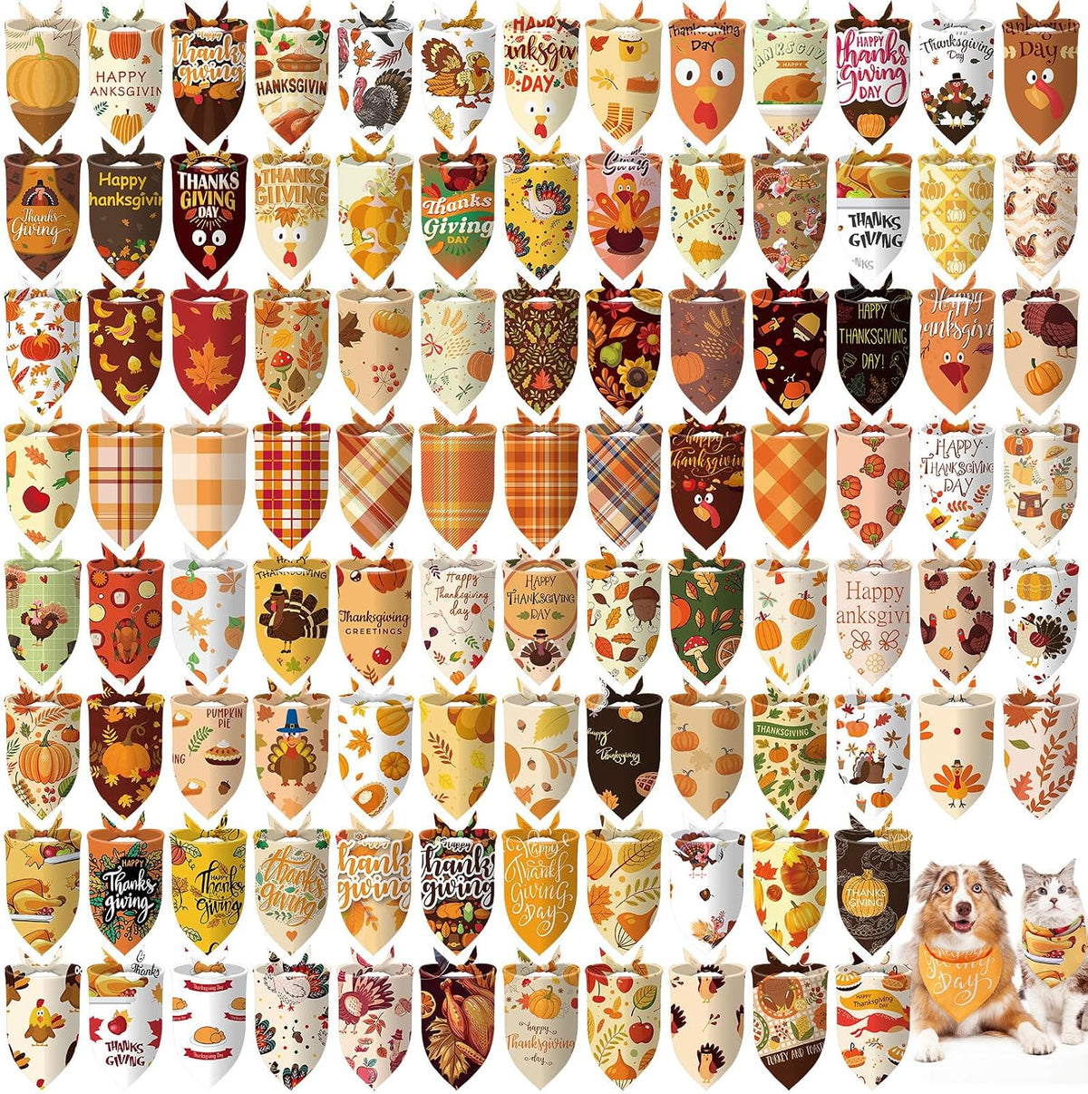 Huhumy 100 Pcs Thanksgiving Dog Bandanas Bulk Turkey Pumpkin Dog Bandanas