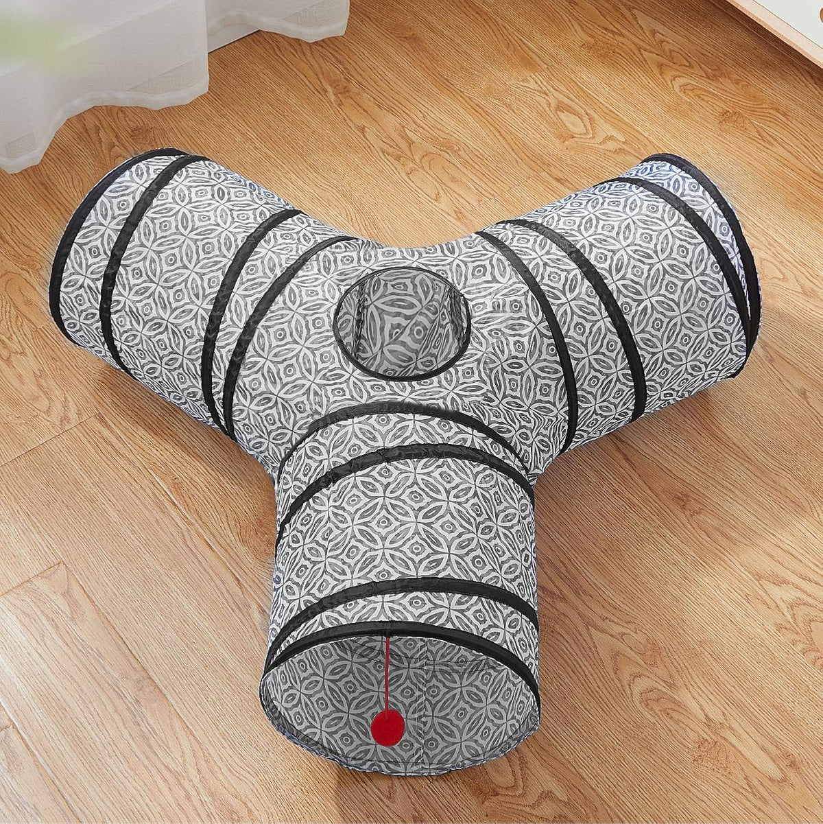 Tempcore Cat Tunnel, 3-Way Collapsible Toy for Indoor Cats, Grey Coin | 3-Way Cat Tunnel with Peek Holes, Hanging Ball and Teaser Wand, Collapsible Design for Play, Hiding, Chasing and Exercise