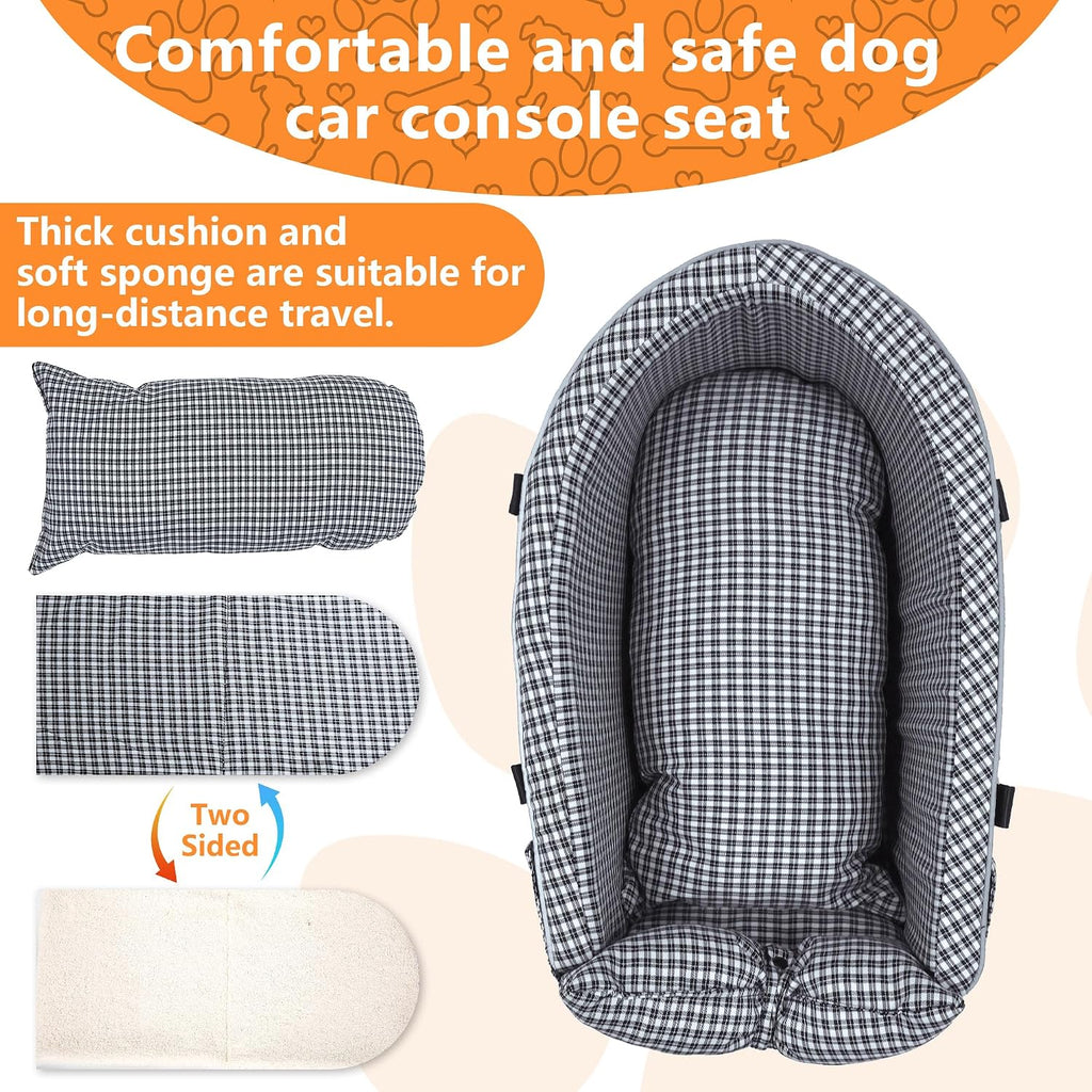 Center Console Dog Car Seat Dog Bed for Car Console Portable Armrest Booster Seat Carrier for Small Medium Dogs Anti-Collapse for Puppy Pet Up to 15 Lbs（Grid Black）