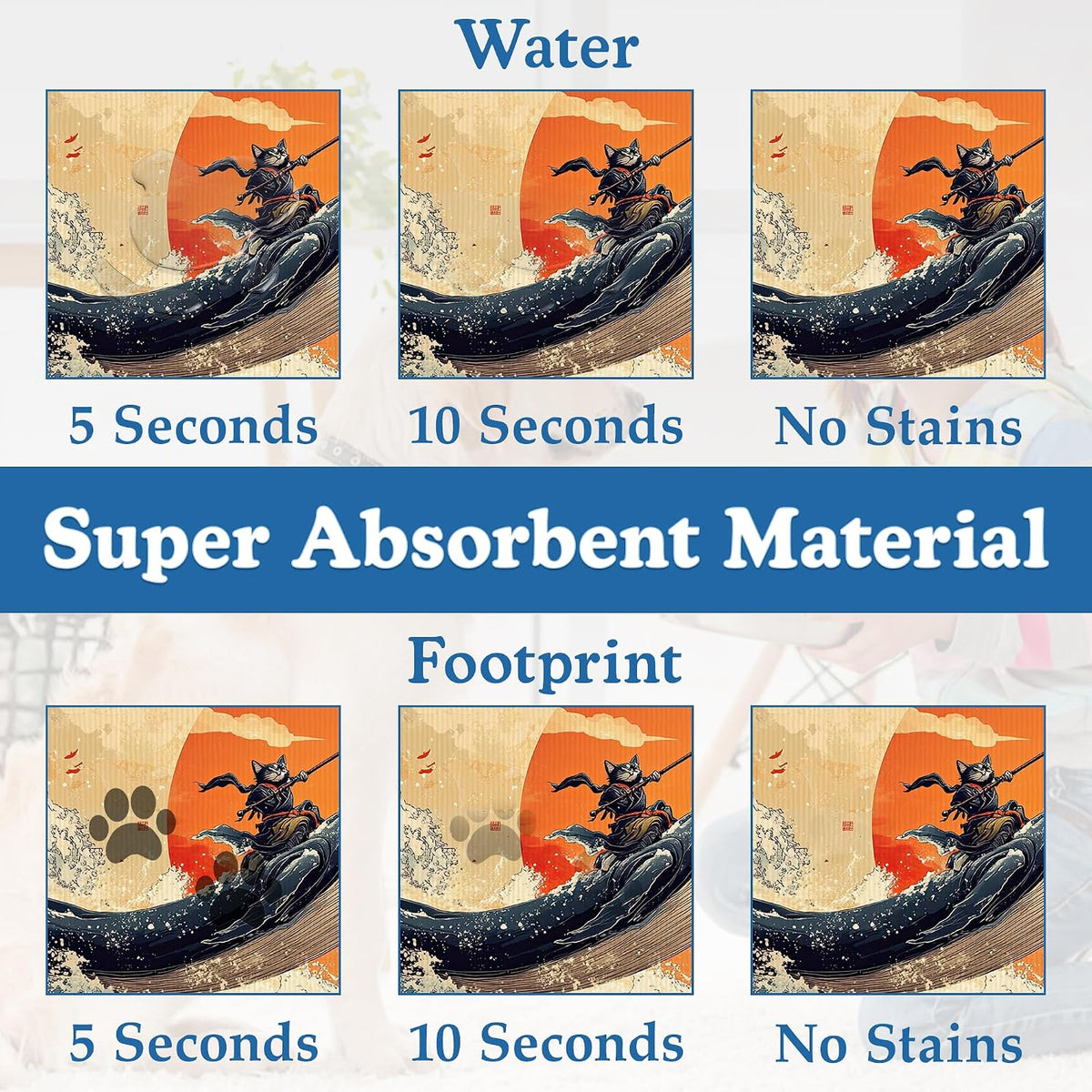 Wave Cat Dog Food Mat,Ukiyo-e Whale Absorbent Quick Dry Feeding Placemat for Food and Water Bowls, Non Slip Rubber Backing, Waterproof Pet Supplies for Mess-Free Eating 12"x20"