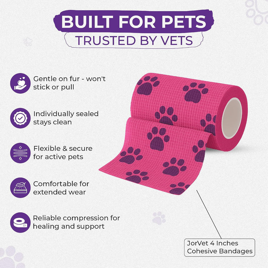 JorVet 4" x 10 Yards Cohesive Bandages | Fun Self-Adhesive Wrap for Animal Wound | Easy Tear, No Scissors Needed | Individually Wrapped Vet Tape, Secure & Flexible | Dog Paw Purple/Pink | Pack of 12