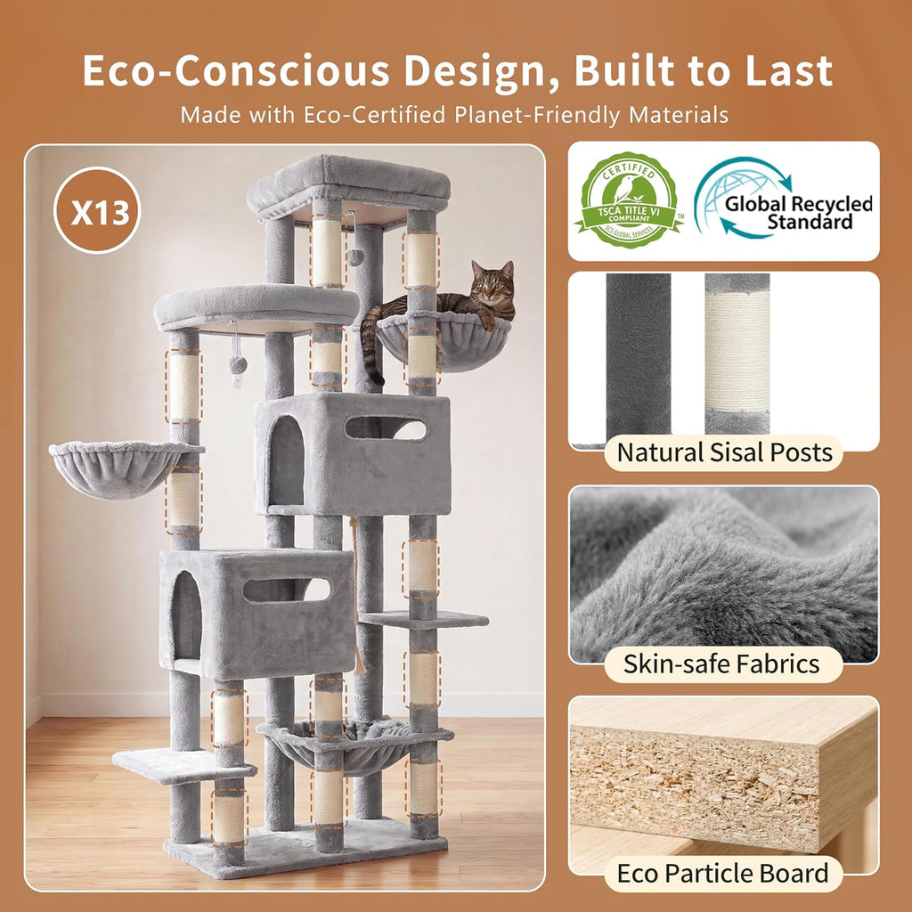 Heybly Cat Tree, 74.8-Inch Spacious & Tall Cat Tower for Large Cats HCT062W